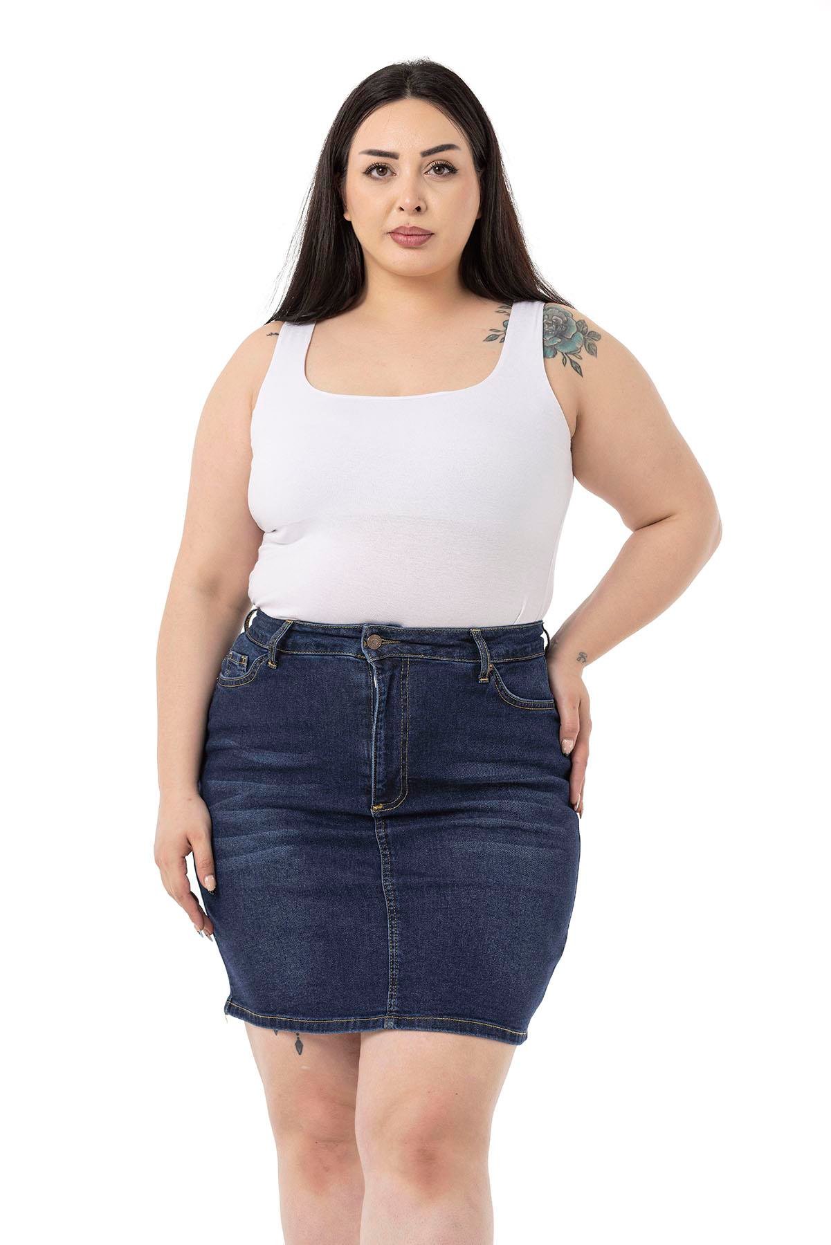 EtekDisentis Modest Taşlama Detaylı Beş Cepli Lacivert Mini Denim EtekDISENTIS MODESTBüyük Beden Taşlama Detaylı Beş Cepli Lacivert Mini Denim Etek