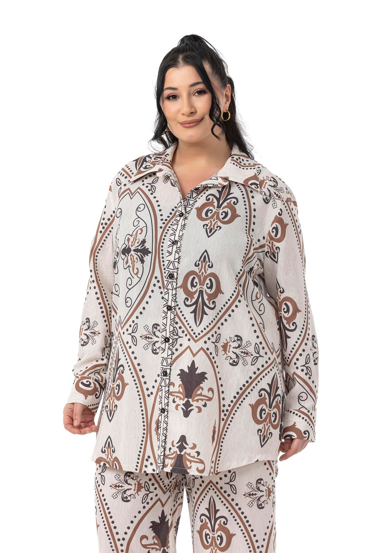 Shirt&Pants setsDisentis Modest Büyük Beden Baskılı Gömlek Pantolon Taba İkili TakımDISENTIS MODESTBüyük Beden Baskılı Gömlek Pantolon Taba İkili Takım