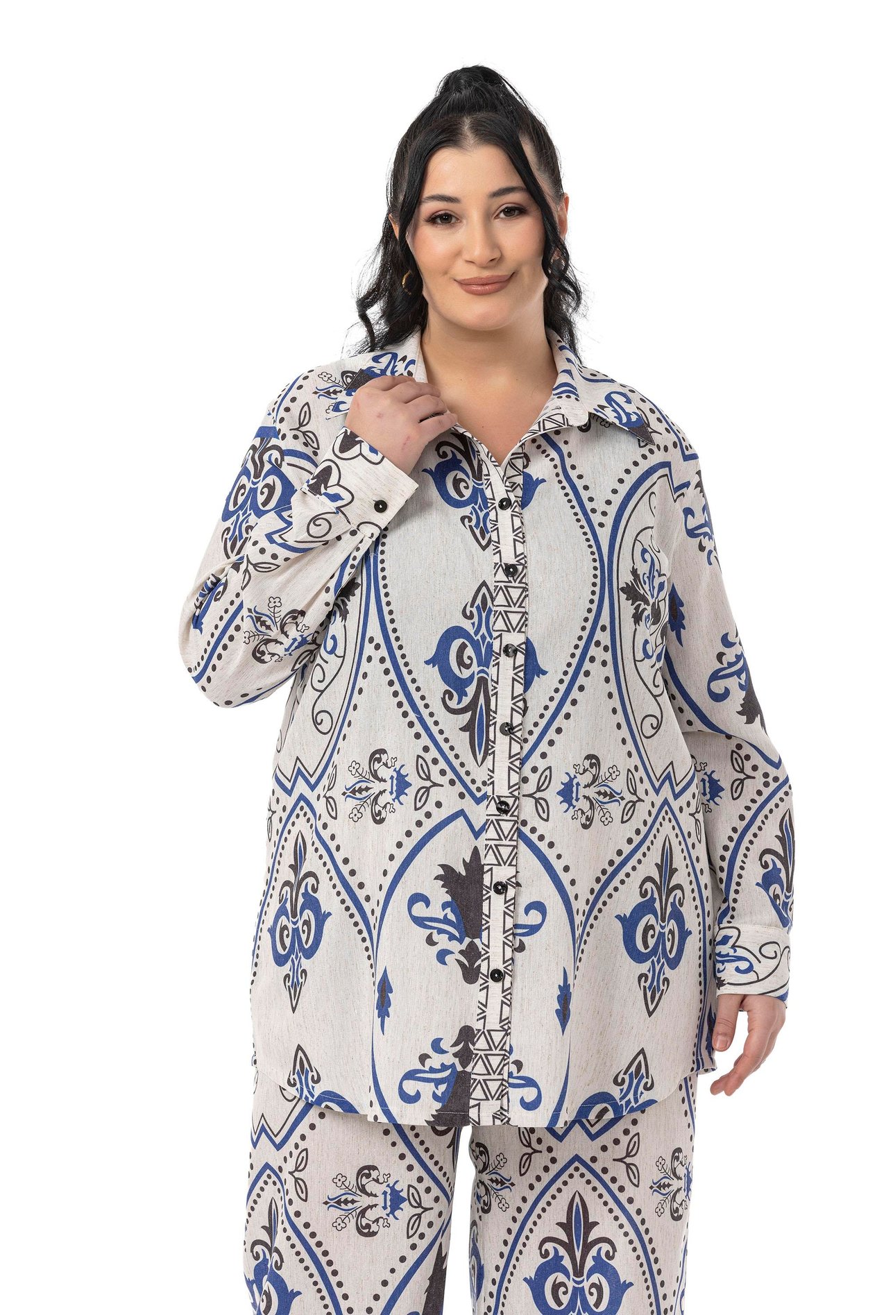 Shirt&Pants setsDisentis Modest Büyük Beden Baskılı Gömlek Pantolon Saks Mavisi İkili TakımDISENTIS MODESTBüyük Beden Baskılı Gömlek Pantolon Saks Mavisi İkili Takım