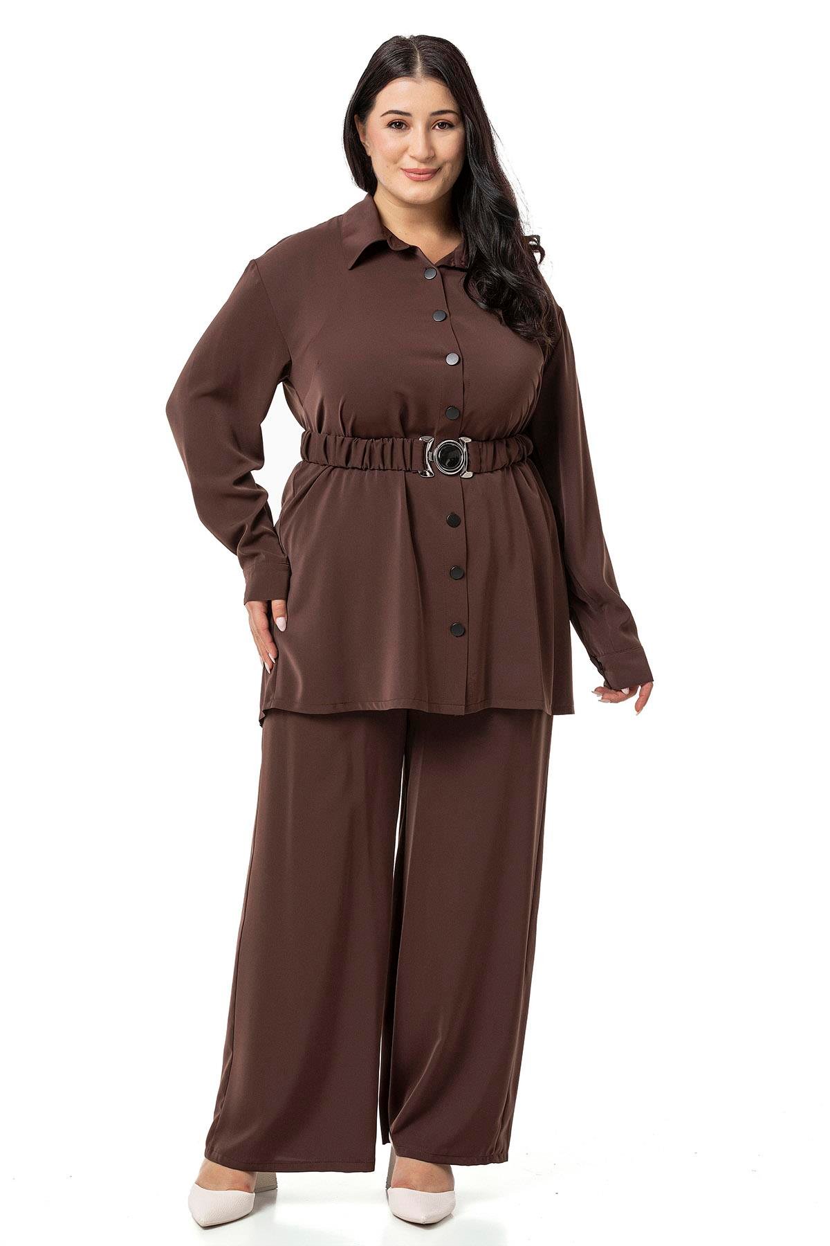 Shirt&Pants setsDisentis Modest Büyük Beden Beli Kemerli Gömlek Pantolon Kahverengi İkili Takım DISENTIS MODESTBüyük Beden Beli Kemerli Gömlek Pantolon Kahverengi İkili Takım 