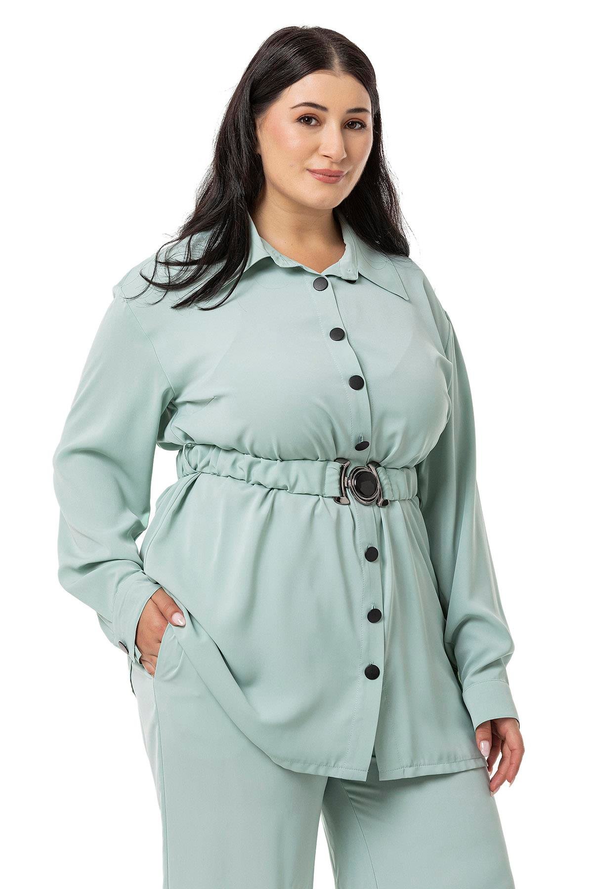 Gömlek | Pantolon TakımlarDisentis Modest Büyük Beden Beli Kemerli Gömlek Pantolon Mint Yeşili İkili Takım DISENTIS MODESTBüyük Beden Beli Kemerli Gömlek Pantolon Mint Yeşili İkili Takım 
