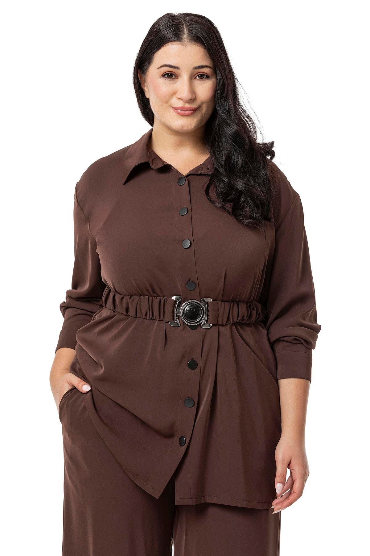 Shirt&Pants setsDisentis Modest Büyük Beden Beli Kemerli Gömlek Pantolon Kahverengi İkili Takım DISENTIS MODESTBüyük Beden Beli Kemerli Gömlek Pantolon Kahverengi İkili Takım 