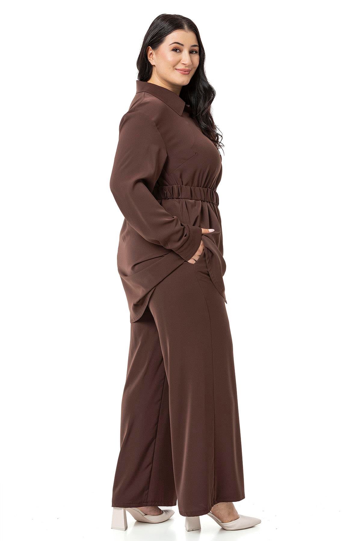 Shirt&Pants setsDisentis Modest Büyük Beden Beli Kemerli Gömlek Pantolon Kahverengi İkili Takım DISENTIS MODESTBüyük Beden Beli Kemerli Gömlek Pantolon Kahverengi İkili Takım 