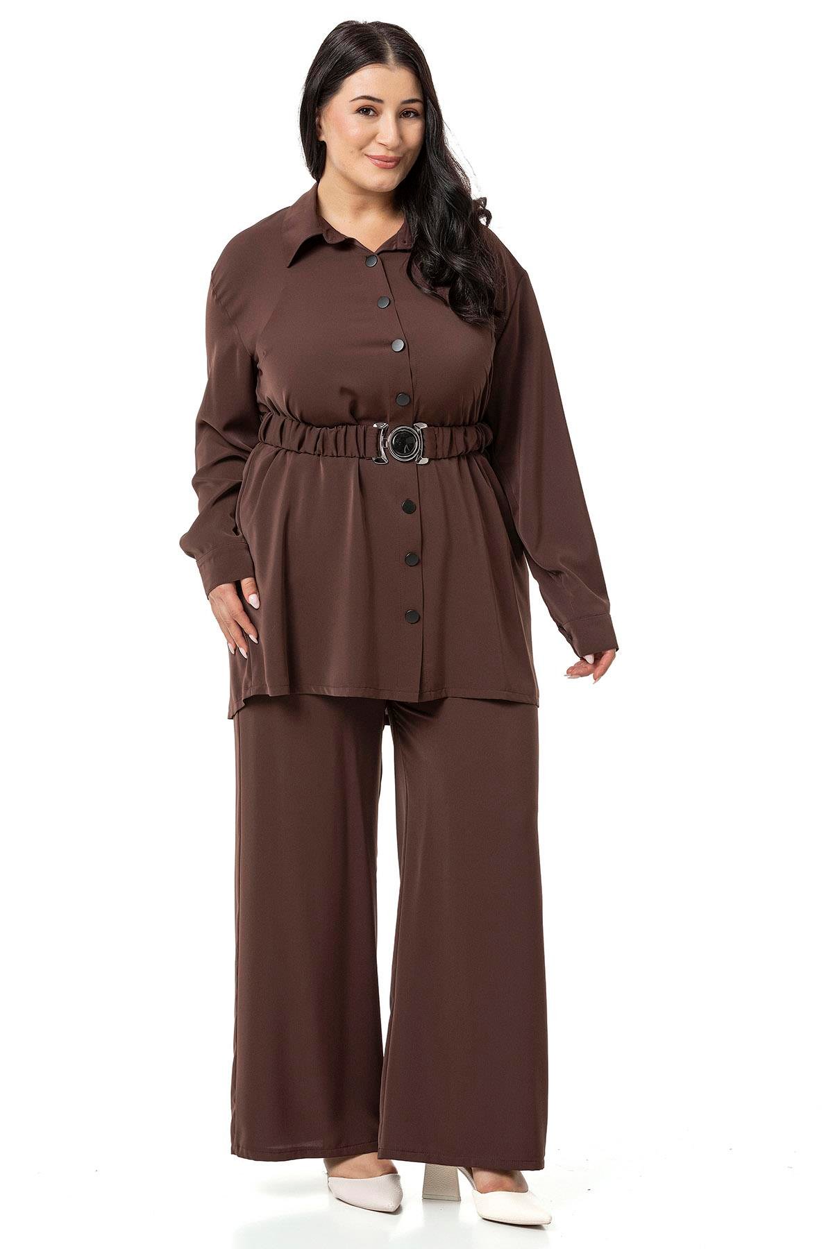 Shirt&Pants setsDisentis Modest Büyük Beden Beli Kemerli Gömlek Pantolon Kahverengi İkili Takım DISENTIS MODESTBüyük Beden Beli Kemerli Gömlek Pantolon Kahverengi İkili Takım 