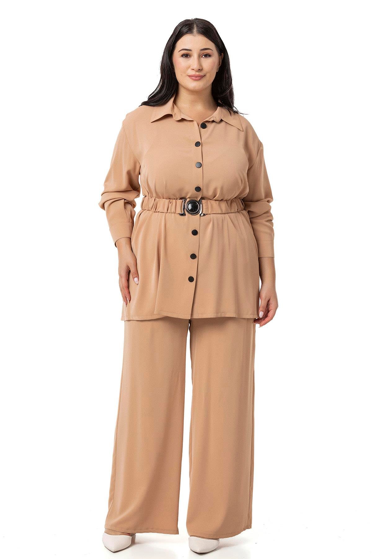 Büyük Beden Beli Kemerli Gömlek Pantolon Camel İkili Takım 