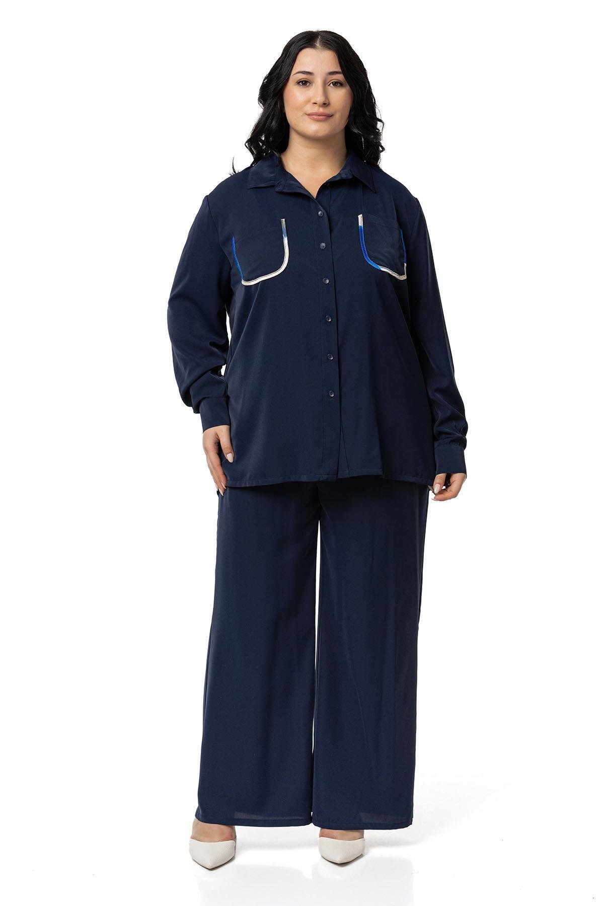 Shirt&Pants setsDisentis Modest Büyük Beden Biye Detaylı Gömlek Pantolon Lacivert İkili TakımDISENTIS MODESTBüyük Beden Biye Detaylı Gömlek Pantolon Lacivert İkili Takım
