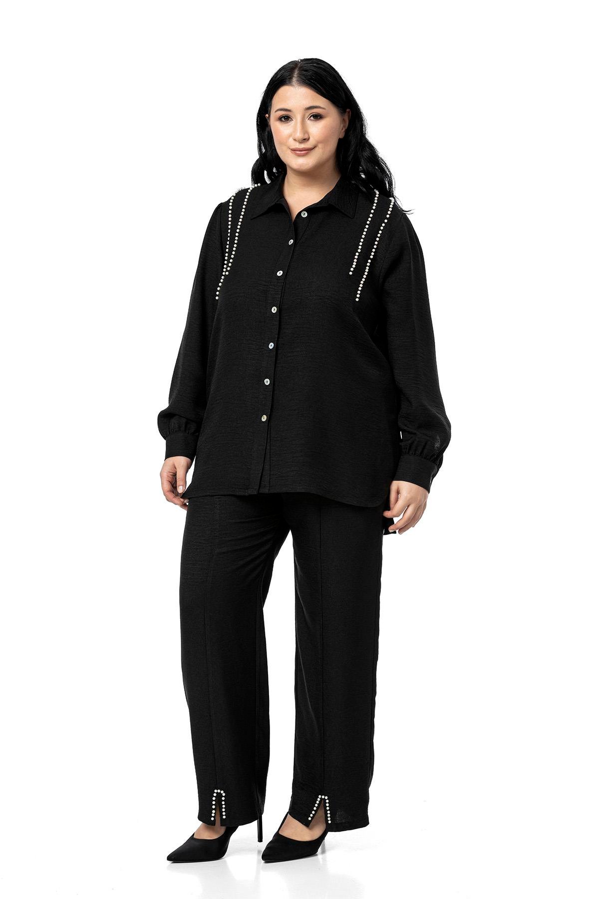 Shirt&Pants setsDisentis Modest Büyük Beden İnci Detaylı Gömlek Pantolon Siyah İkili TakımDISENTIS MODESTBüyük Beden İnci Detaylı Gömlek Pantolon Siyah İkili Takım