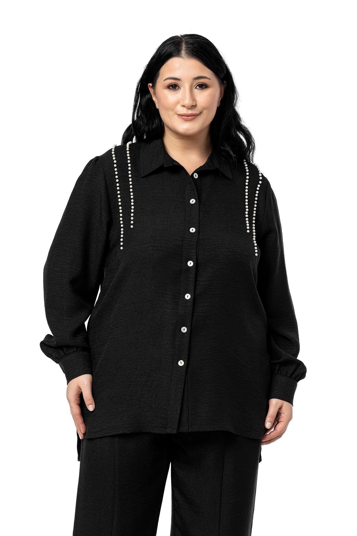 Shirt&Pants setsDisentis Modest Büyük Beden İnci Detaylı Gömlek Pantolon Siyah İkili TakımDISENTIS MODESTBüyük Beden İnci Detaylı Gömlek Pantolon Siyah İkili Takım