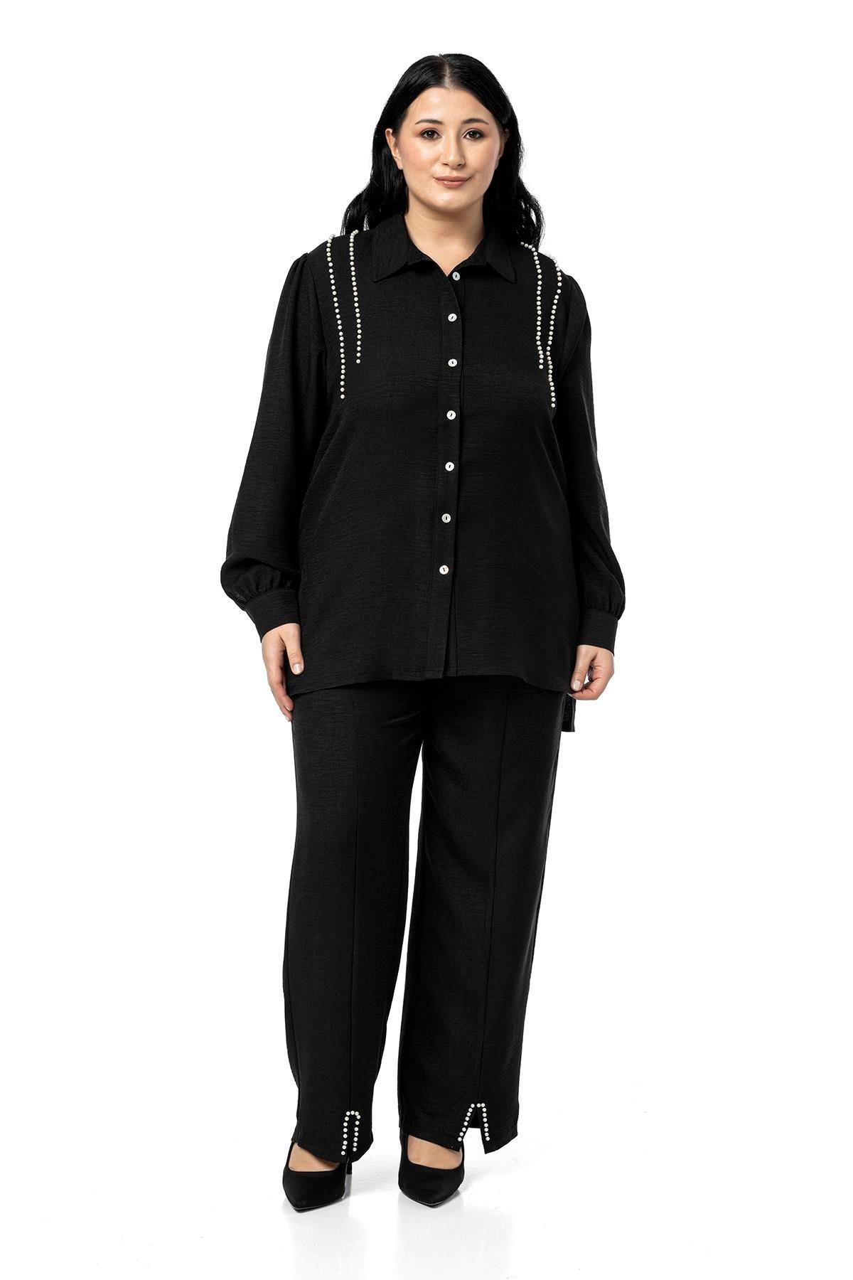 Shirt&Pants setsDisentis Modest Büyük Beden İnci Detaylı Gömlek Pantolon Siyah İkili TakımDISENTIS MODESTBüyük Beden İnci Detaylı Gömlek Pantolon Siyah İkili Takım