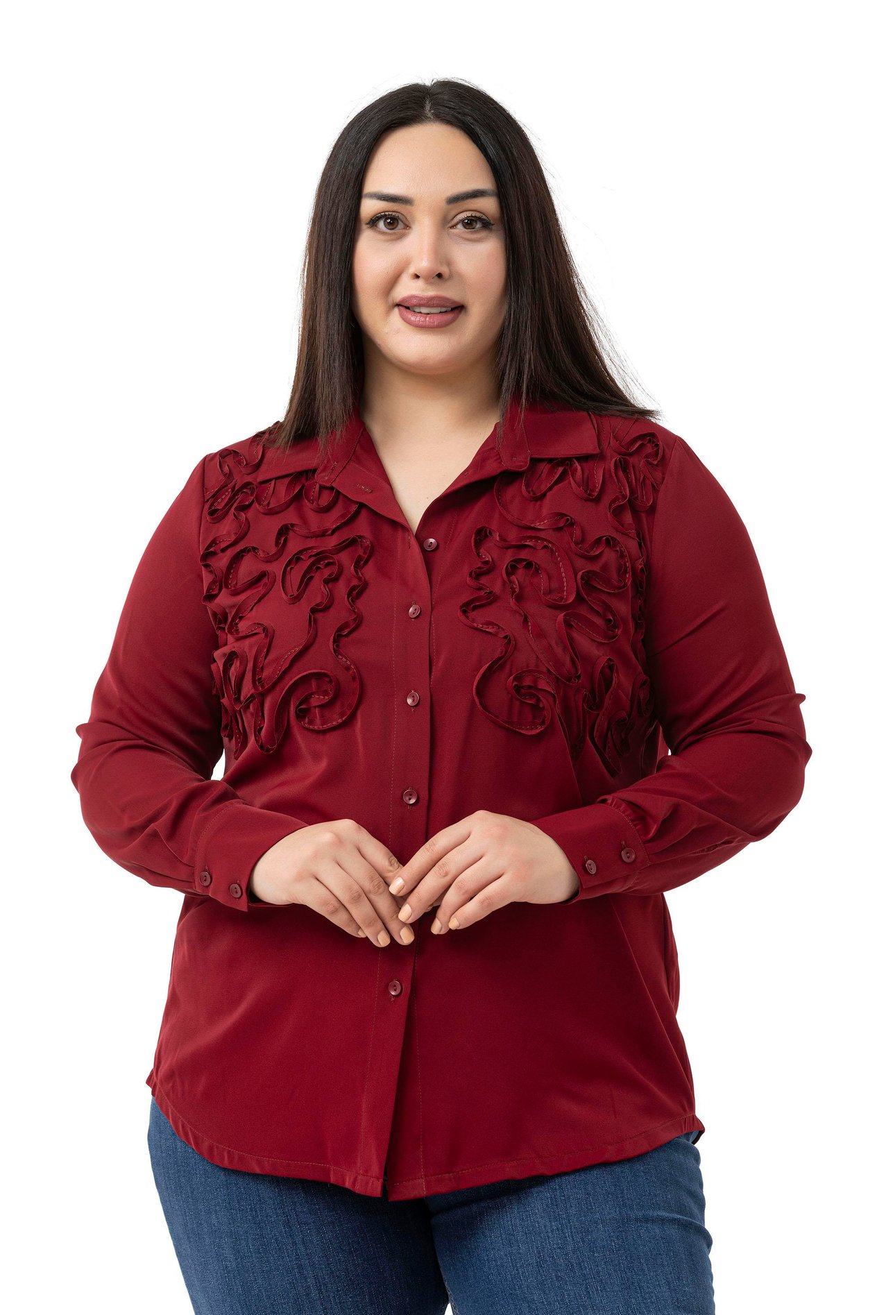 ShirtsDisentis Modest Büyük Beden Kabartmalı Kumaş Detaylı Bordo GömlekDISENTIS MODESTBüyük Beden Kabartmalı Kumaş Detaylı Bordo Gömlek