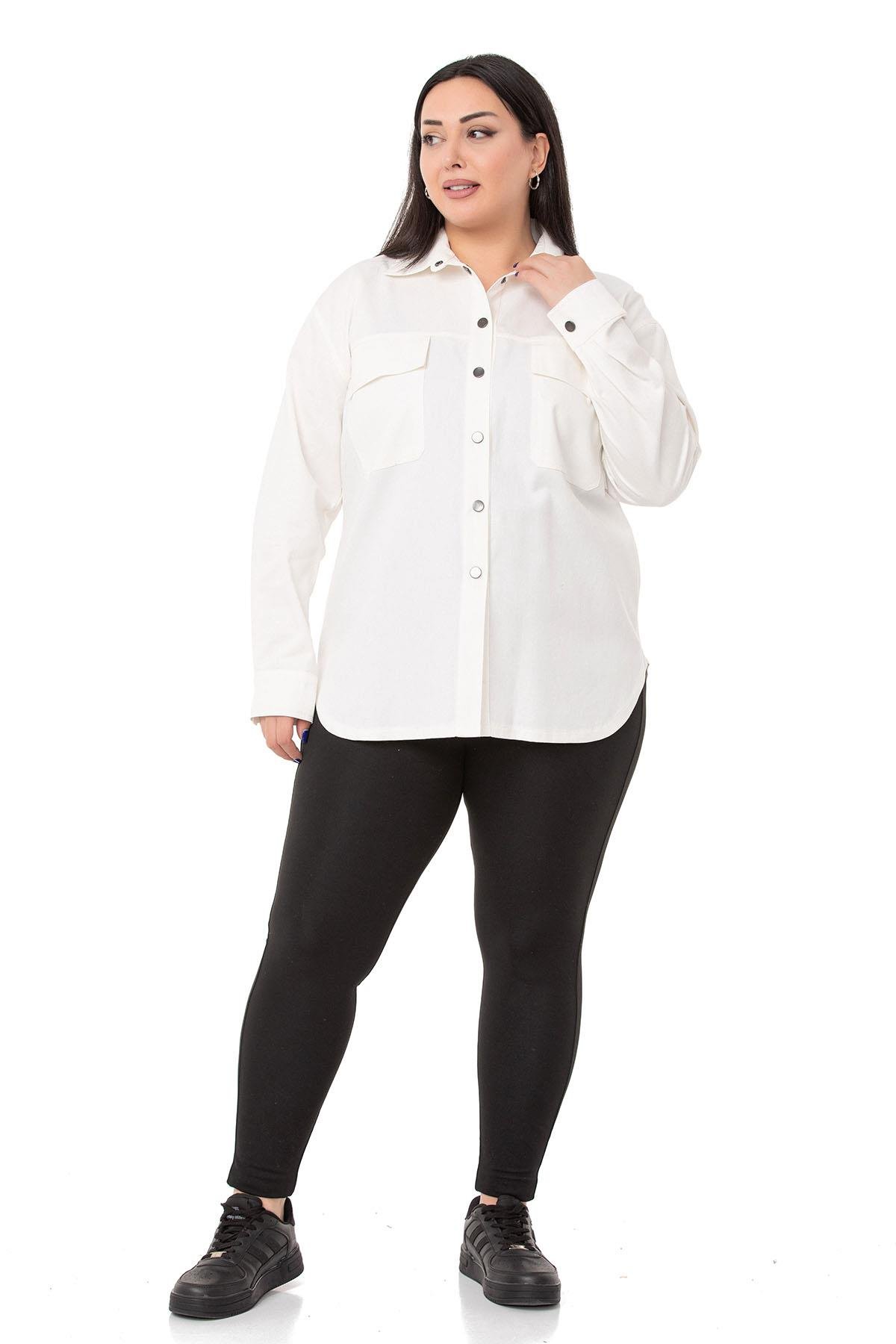ShirtsDISENTIS MODEST GENC BUYUK BEDEN GABARDIN GOMLEKDISENTIS MODESTBüyük Beden Kapaklı Cepli Çıtçıtlı Gabardin Beyaz Ceket Gömlek