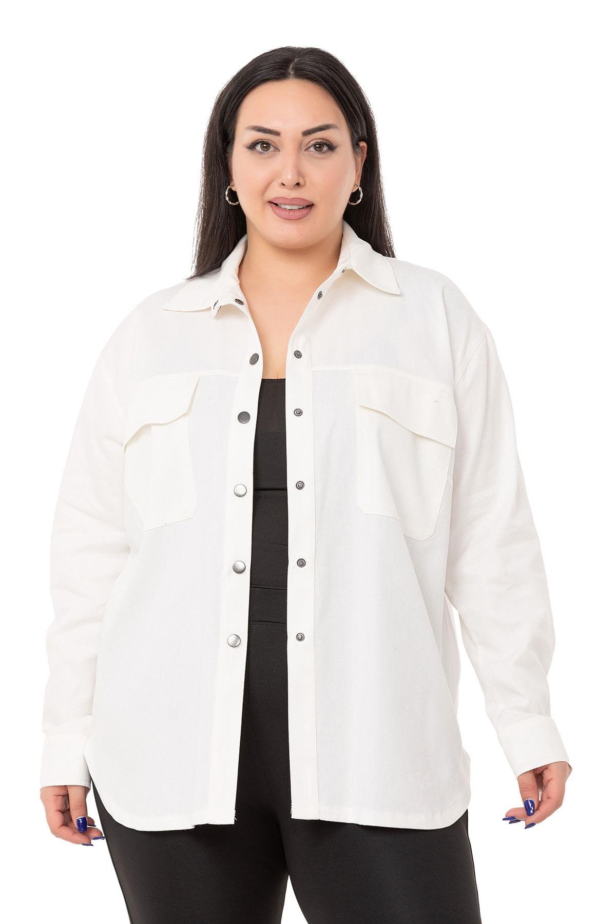 ShirtsDISENTIS MODEST GENC BUYUK BEDEN GABARDIN GOMLEKDISENTIS MODESTBüyük Beden Kapaklı Cepli Çıtçıtlı Gabardin Beyaz Ceket Gömlek