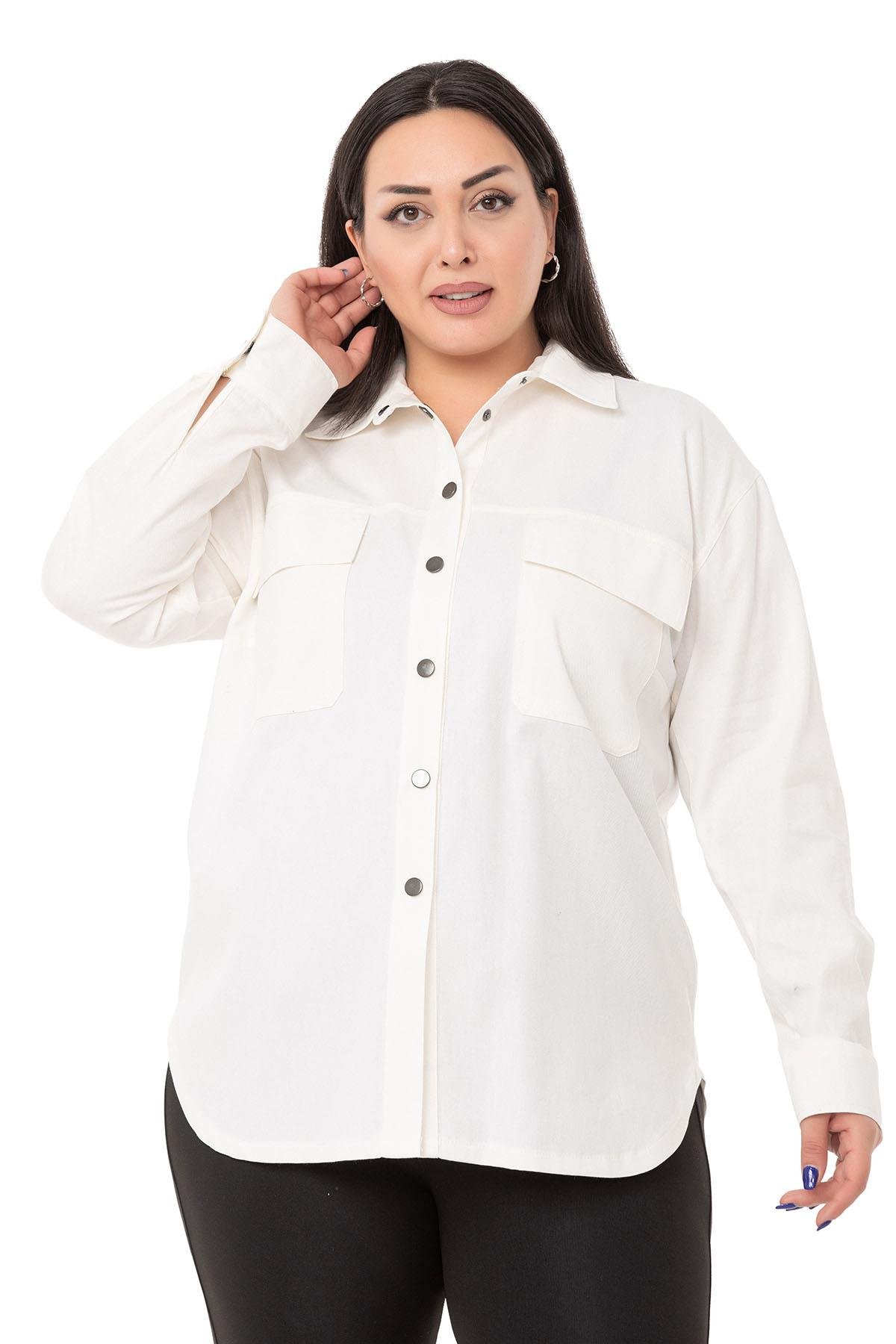 ShirtsDISENTIS MODEST GENC BUYUK BEDEN GABARDIN GOMLEKDISENTIS MODESTBüyük Beden Kapaklı Cepli Çıtçıtlı Gabardin Beyaz Ceket Gömlek