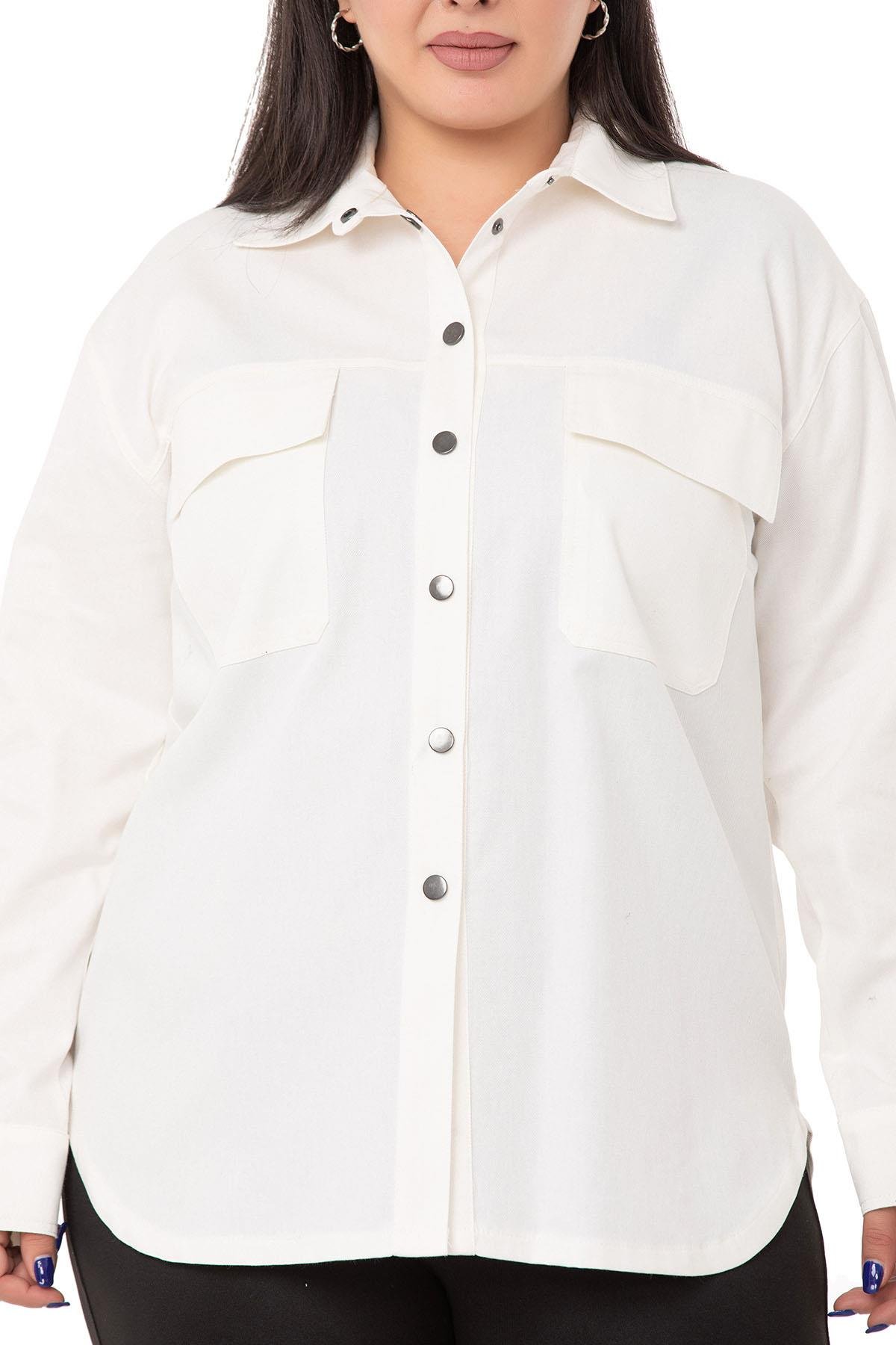 ShirtsDISENTIS MODEST GENC BUYUK BEDEN GABARDIN GOMLEKDISENTIS MODESTBüyük Beden Kapaklı Cepli Çıtçıtlı Gabardin Beyaz Ceket Gömlek