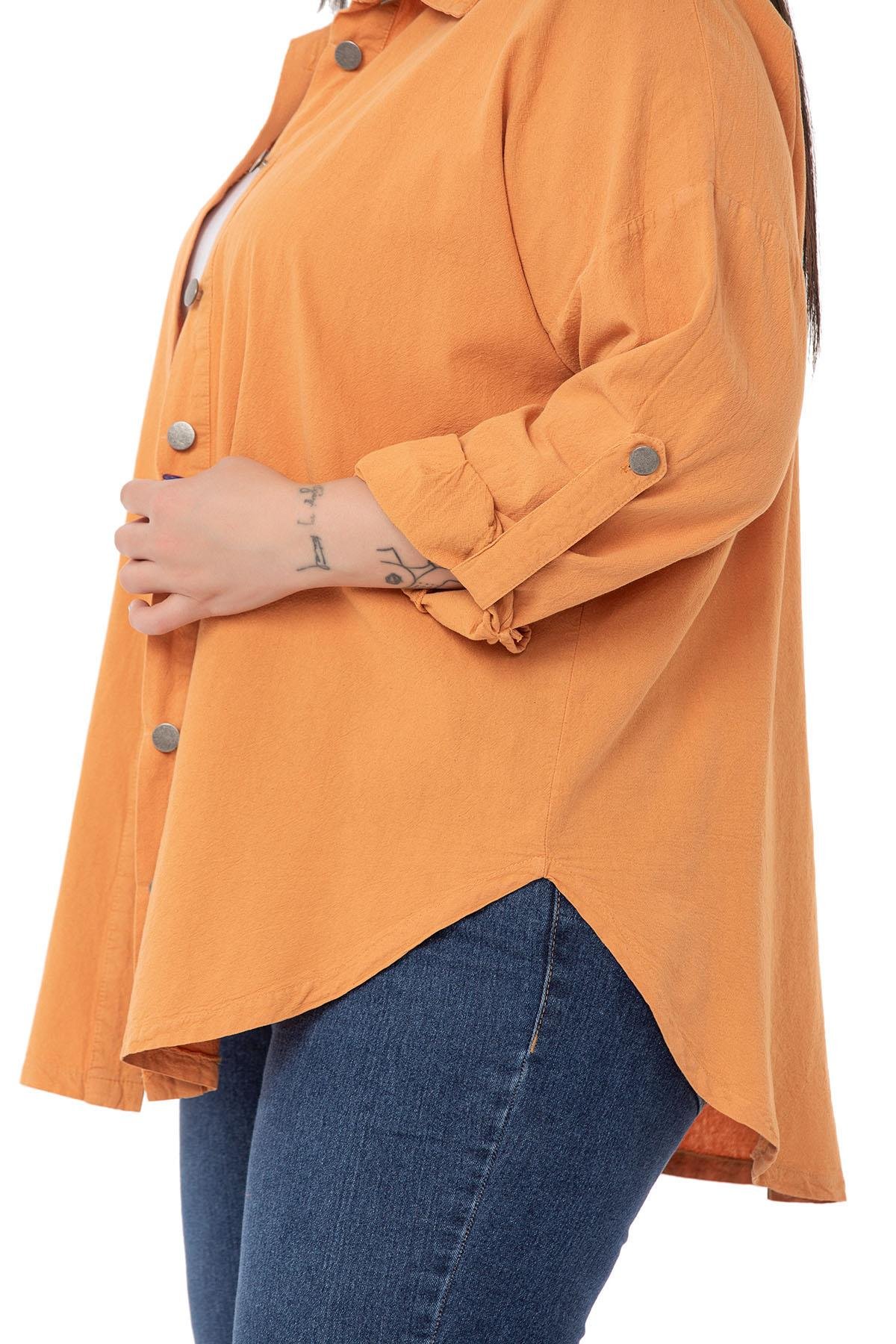 ShirtsDISENTIS MODEST GENC BUYUK BEDEN PARCA BOYALI GOMLEKDISENTIS MODESTBüyük Beden Katlamalı Kollu Metal Düğmeli Hardal Gömlek