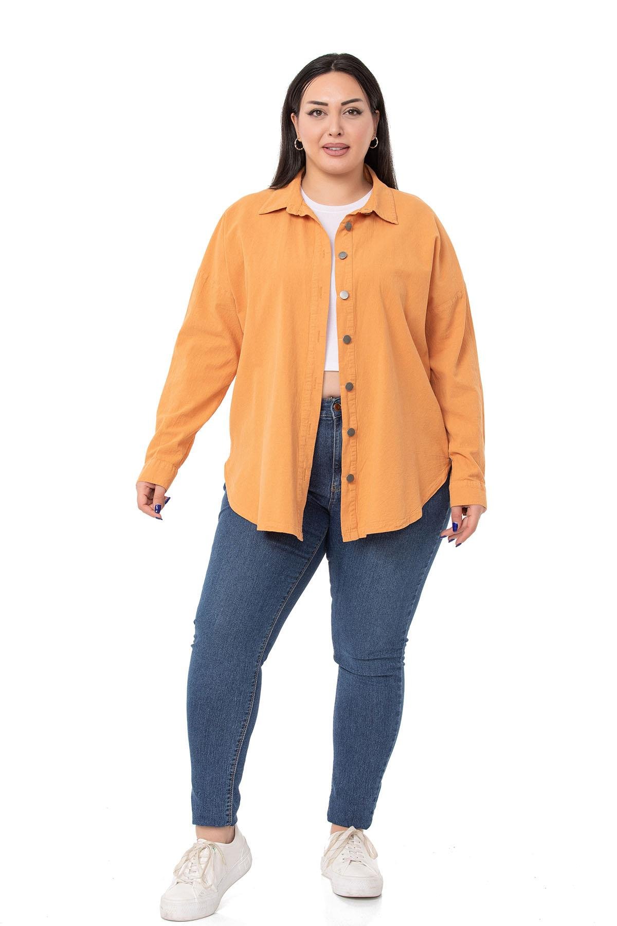 ShirtsDISENTIS MODEST GENC BUYUK BEDEN PARCA BOYALI GOMLEKDISENTIS MODESTBüyük Beden Katlamalı Kollu Metal Düğmeli Hardal Gömlek