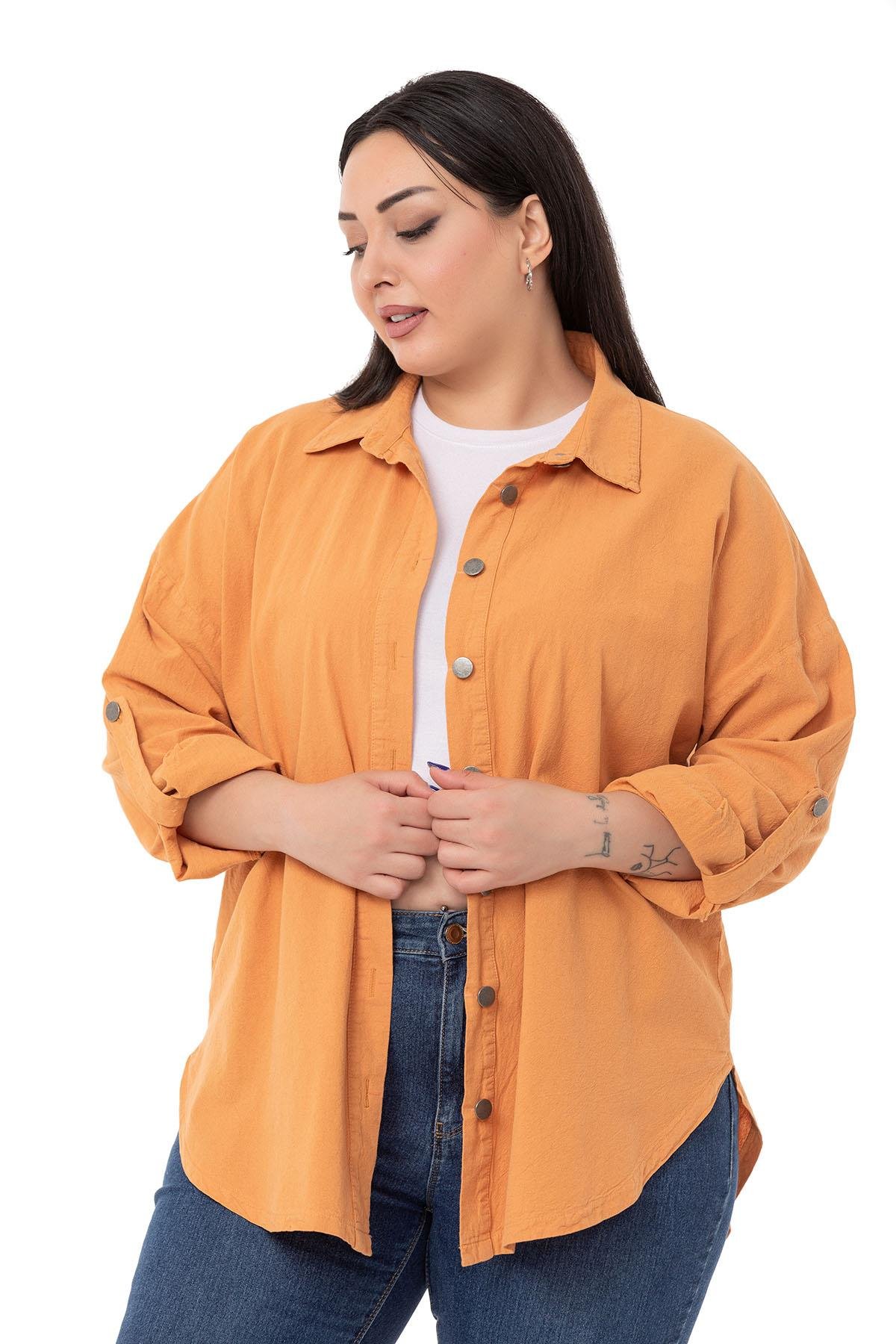 ShirtsDISENTIS MODEST GENC BUYUK BEDEN PARCA BOYALI GOMLEKDISENTIS MODESTBüyük Beden Katlamalı Kollu Metal Düğmeli Hardal Gömlek