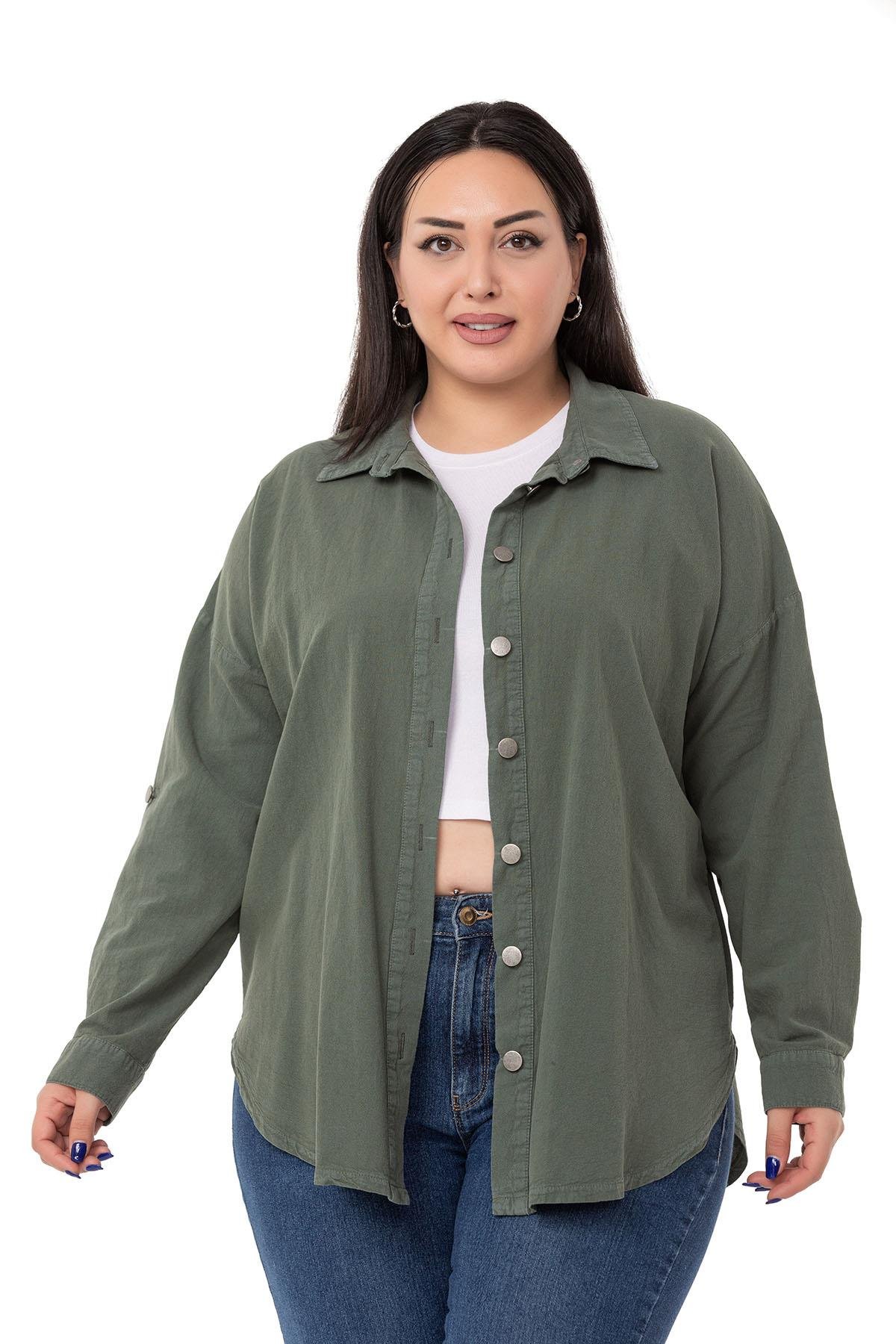 ShirtsDISENTIS MODEST GENC BUYUK BEDEN PARCA BOYALI GOMLEKDISENTIS MODESTBüyük Beden Katlamalı Kollu Metal Düğmeli Haki Gömlek