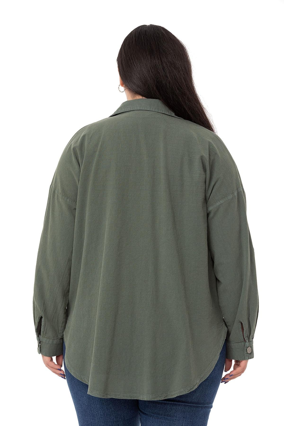 ShirtsDISENTIS MODEST GENC BUYUK BEDEN PARCA BOYALI GOMLEKDISENTIS MODESTBüyük Beden Katlamalı Kollu Metal Düğmeli Haki Gömlek