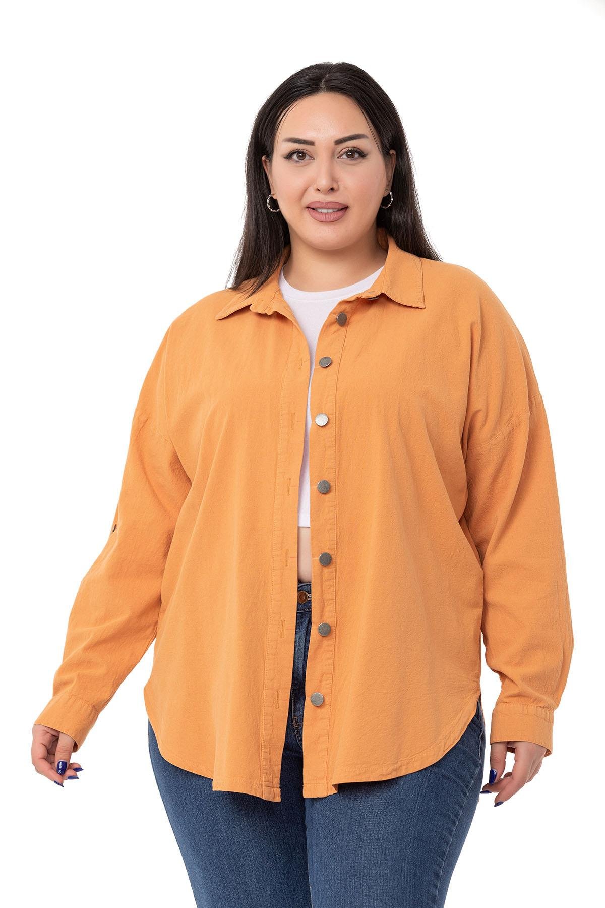 ShirtsDISENTIS MODEST GENC BUYUK BEDEN PARCA BOYALI GOMLEKDISENTIS MODESTBüyük Beden Katlamalı Kollu Metal Düğmeli Hardal Gömlek