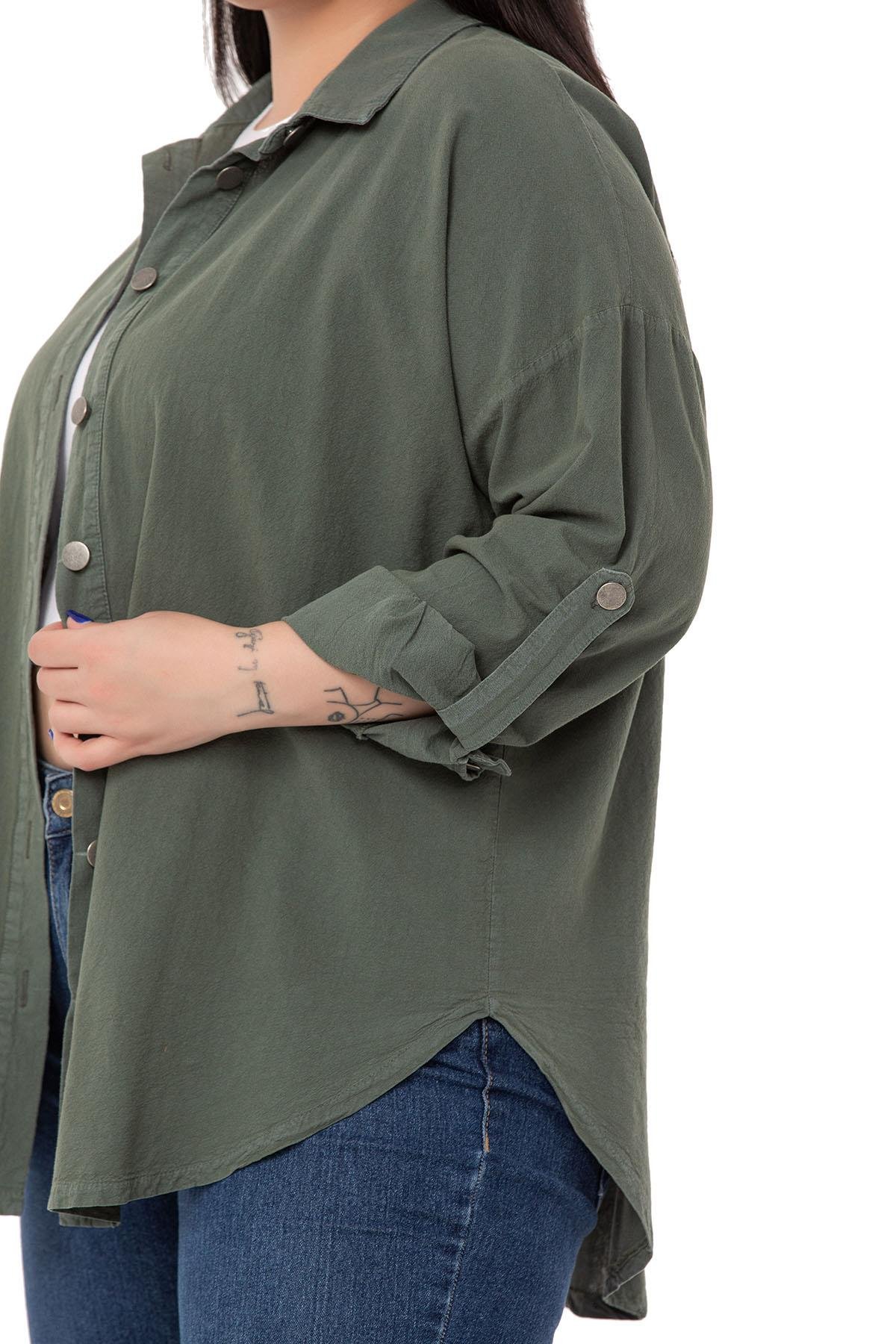 ShirtsDISENTIS MODEST GENC BUYUK BEDEN PARCA BOYALI GOMLEKDISENTIS MODESTBüyük Beden Katlamalı Kollu Metal Düğmeli Haki Gömlek