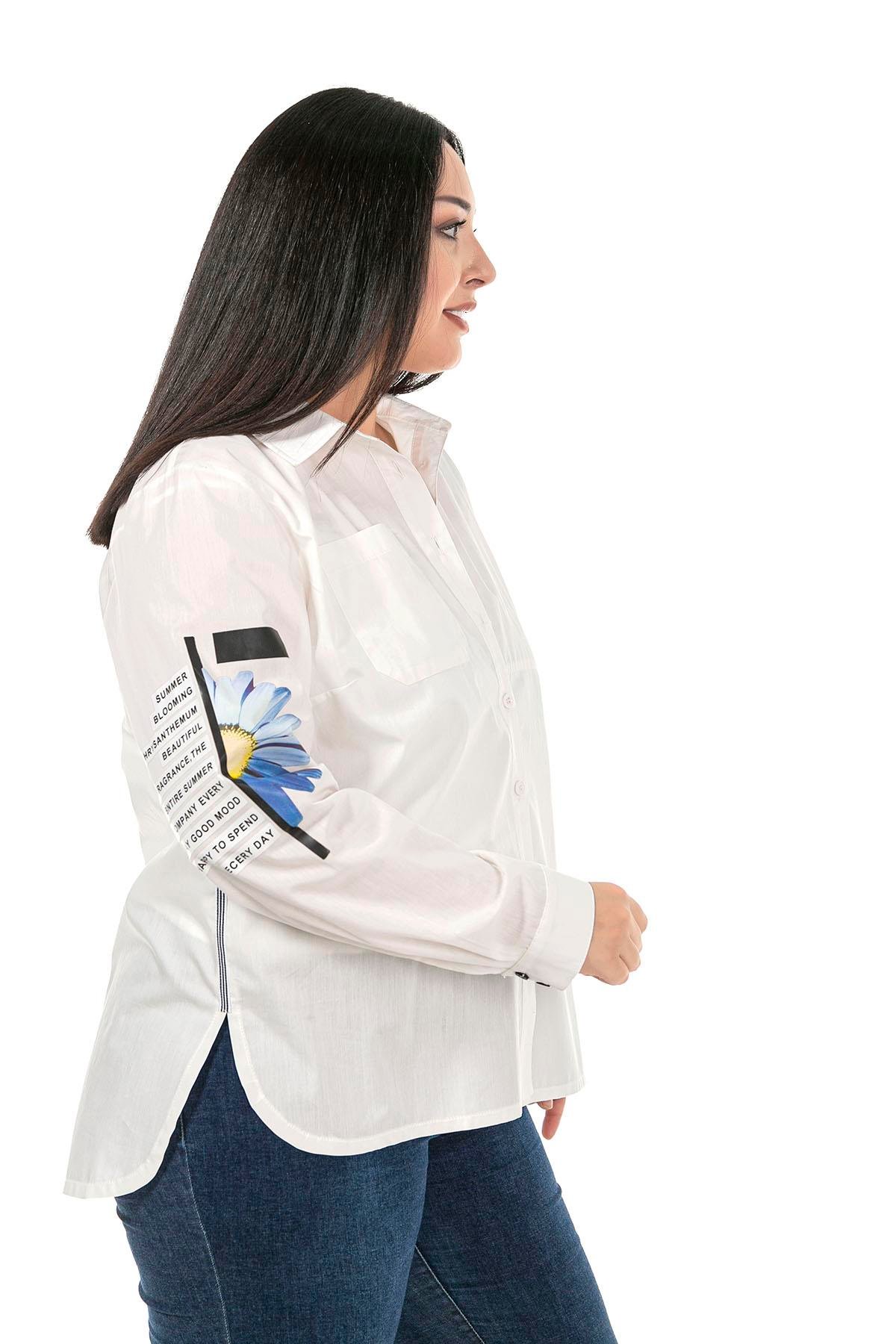 ShirtsDisentis Modest Çiçek Baskılı Yanları Şerit Detaylı Uzun Kollu Beyaz Gömlek DISENTIS MODESTBüyük Beden Kolu Çiçek Baskılı Yanları Şerit Detaylı Uzun Kollu Beyaz Gömlek 