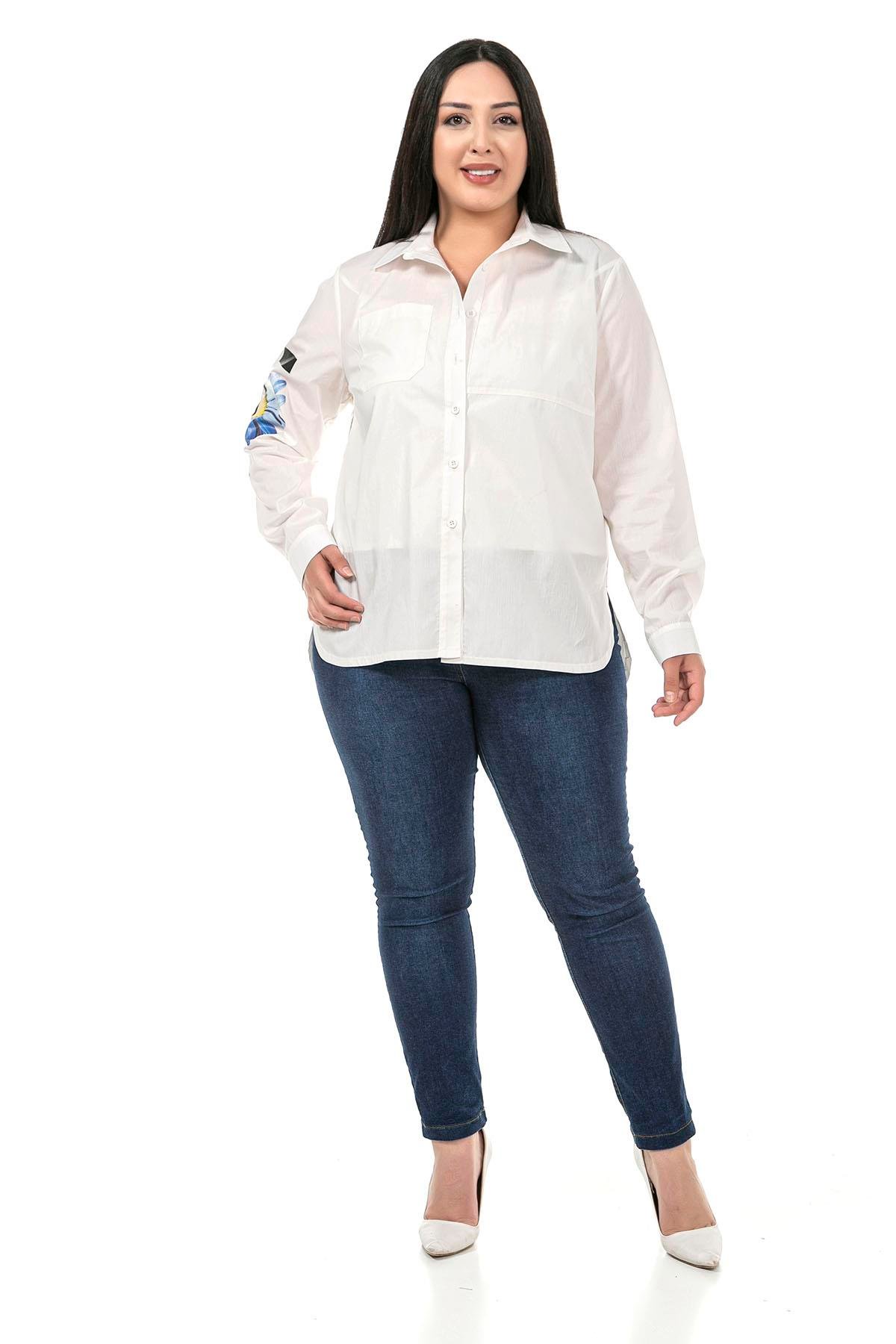 ShirtsDisentis Modest Çiçek Baskılı Yanları Şerit Detaylı Uzun Kollu Beyaz Gömlek DISENTIS MODESTBüyük Beden Kolu Çiçek Baskılı Yanları Şerit Detaylı Uzun Kollu Beyaz Gömlek 