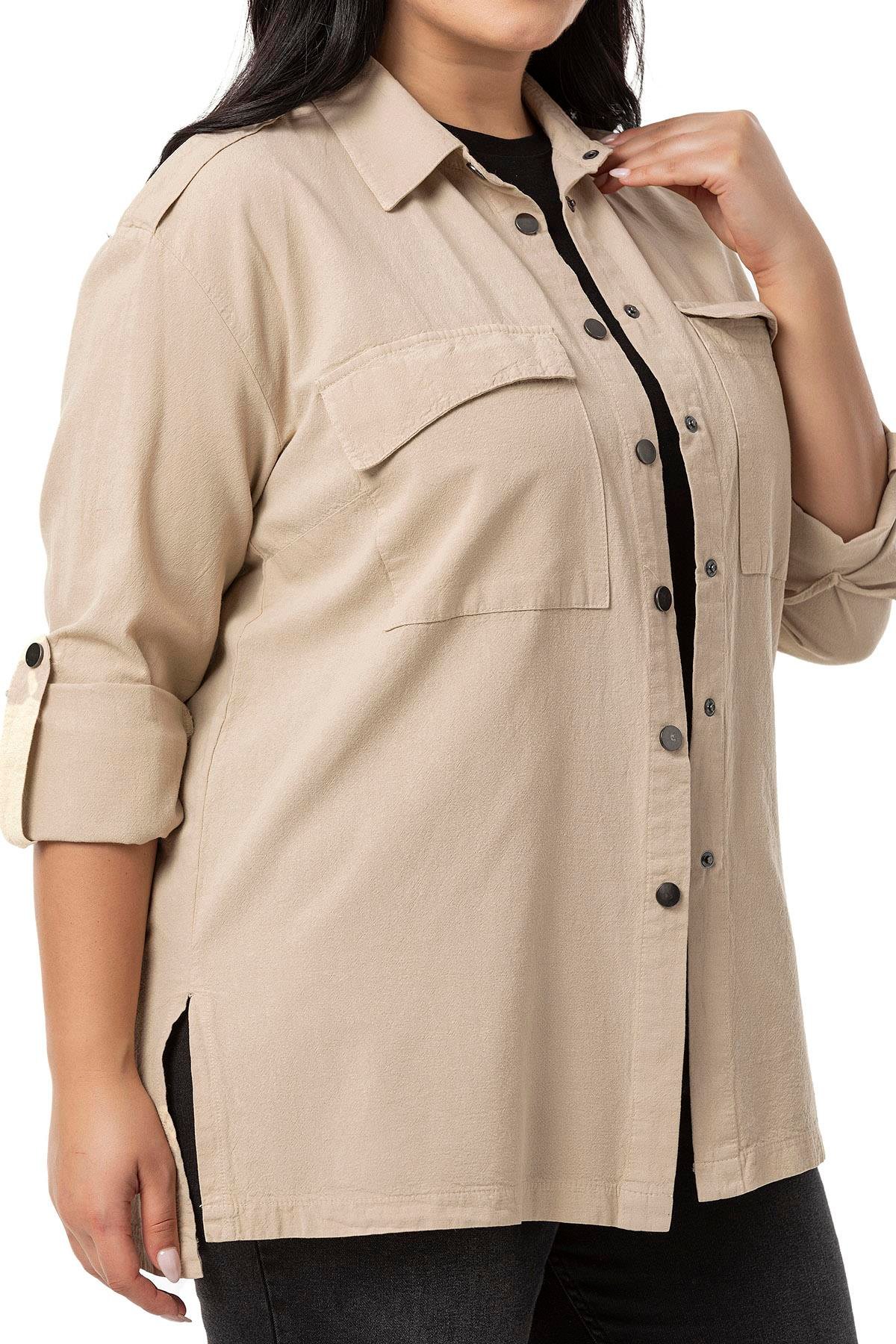 ShirtsDisentis Modest Büyük Beden Omuzdan Apoletli Katlamalı Kollu Yırtmaçlı Çıtçıtlı Ekru Gömlek DISENTIS MODESTBüyük Beden Omuzdan Apoletli Katlamalı Kollu Yırtmaçlı Çıtçıtlı Ekru Gömlek 