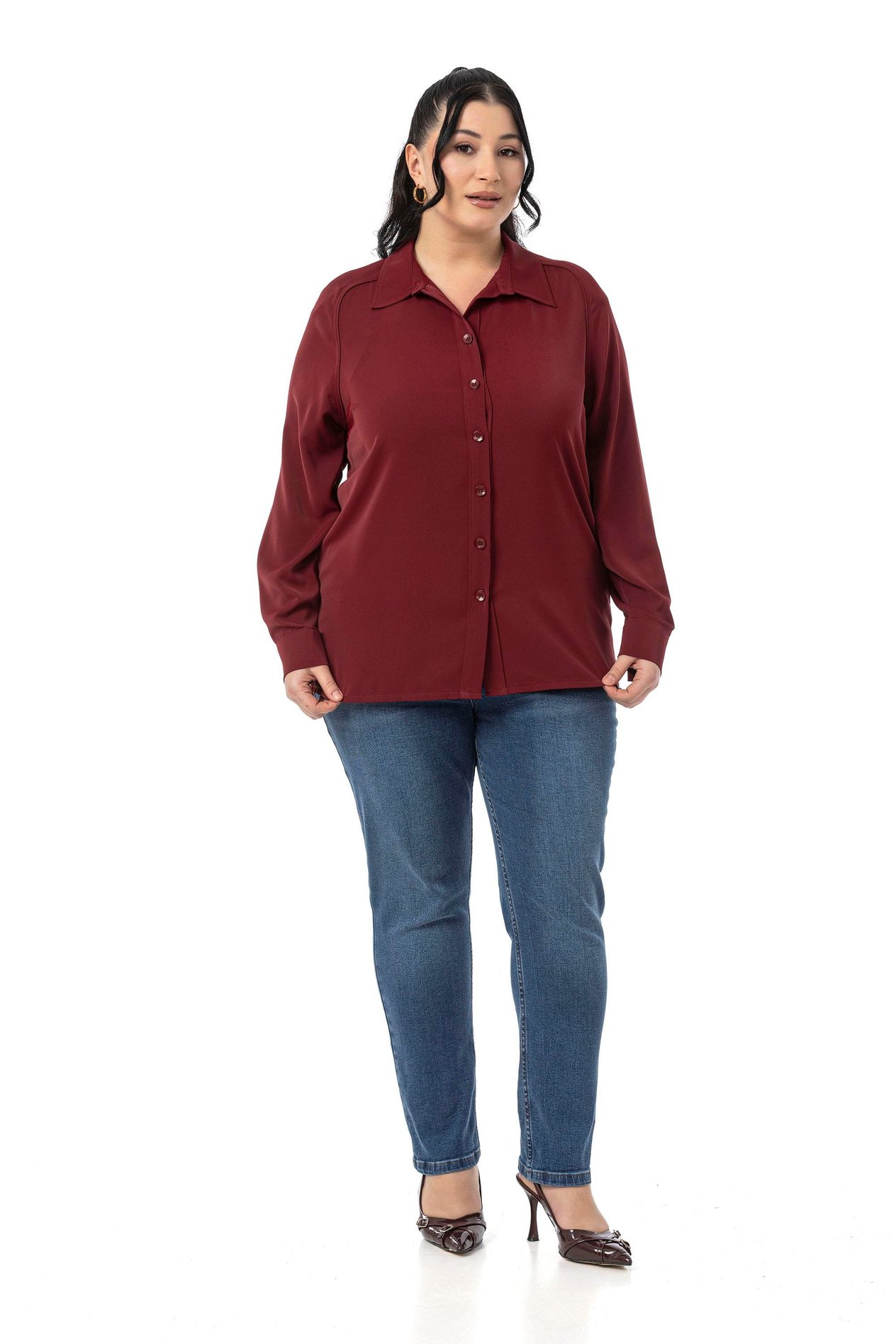 ShirtsDisentis Modest Büyük Beden Reglan Kollu Bordo Gömlek DISENTIS MODESTBüyük Beden Reglan Kollu Bordo Gömlek 