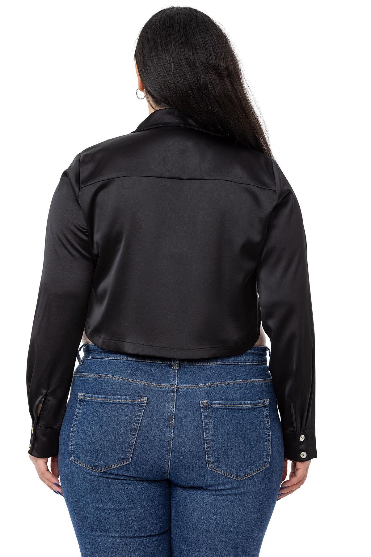GömlekDISENTIS MODEST GENC BUYUK BEDEN SATEN CROP GOMLEKDISENTIS MODESTBüyük Beden Saten Manşetli Siyah Crop Gömlek