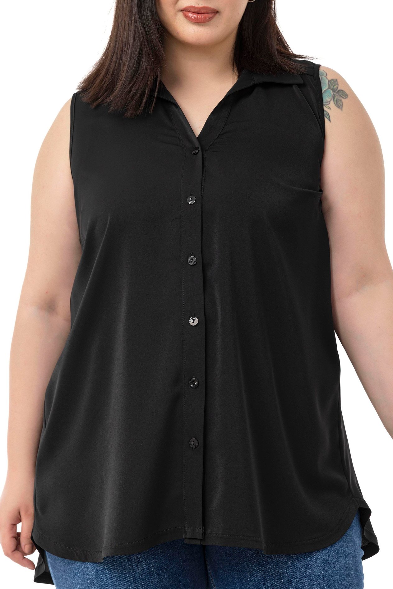 ShirtsDisentis Modest Büyük Beden Sırtta Plikaşe Detaylı Kolsuz Siyah GömlekDISENTIS MODESTBüyük Beden Sırtta Plikaşe Detaylı Kolsuz Siyah Gömlek