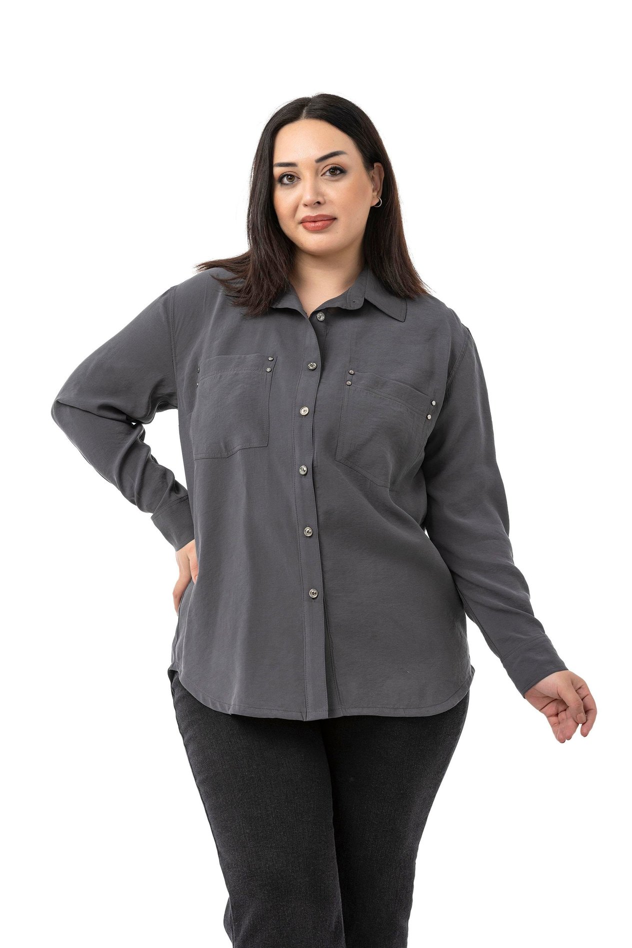 ShirtsDisentis Modest Büyük Beden Torba Cepli Rivetli Antrasit GömlekDISENTIS MODESTBüyük Beden Torba Cepli Rivetli Antrasit Gömlek
