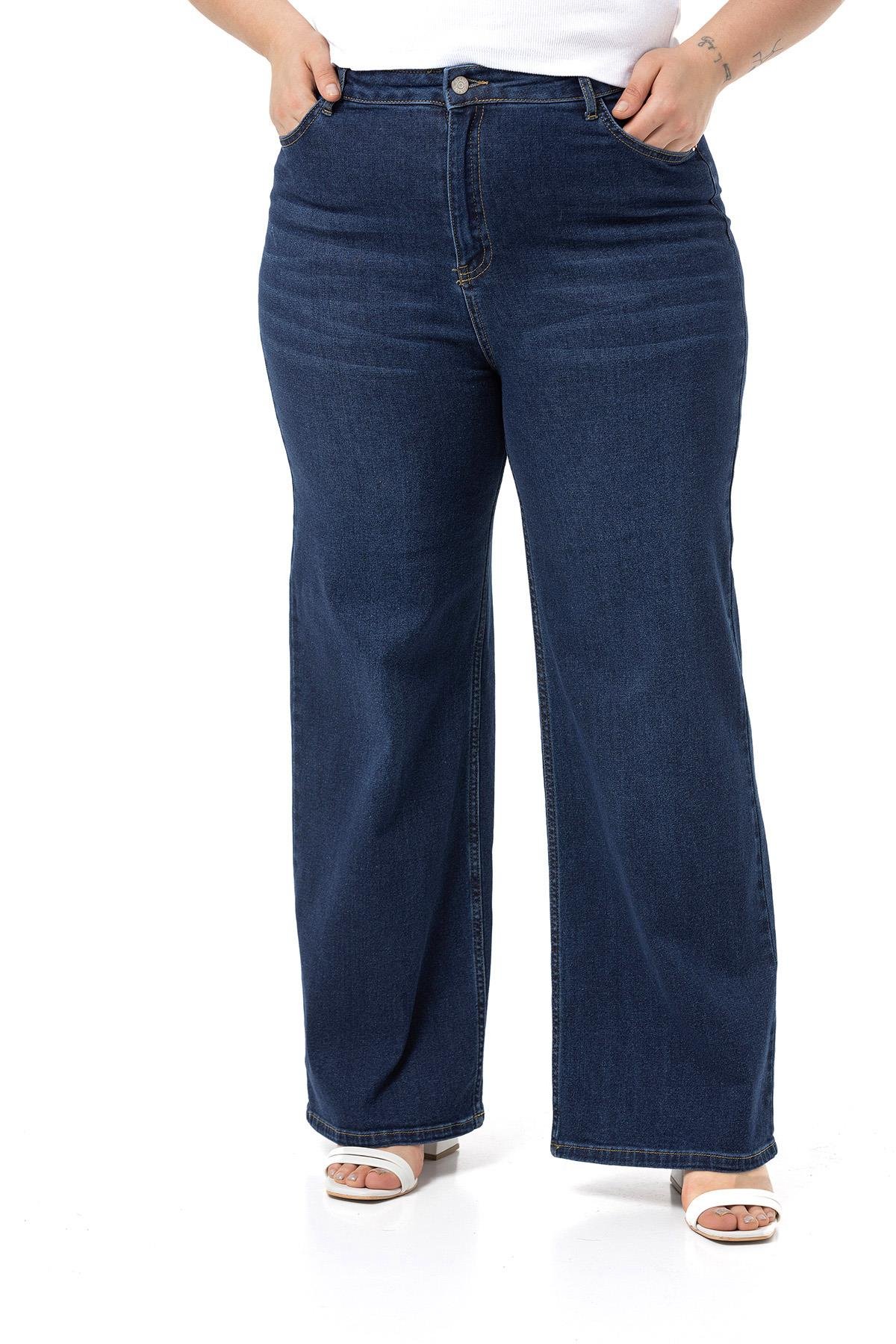 PantsDisentis Modest Büyük Beden Yüksek Bel Geniş Paça Lacivert Denim PantolonDISENTIS MODESTBüyük Beden Yüksek Bel Geniş Paça Lacivert Denim Pantolon