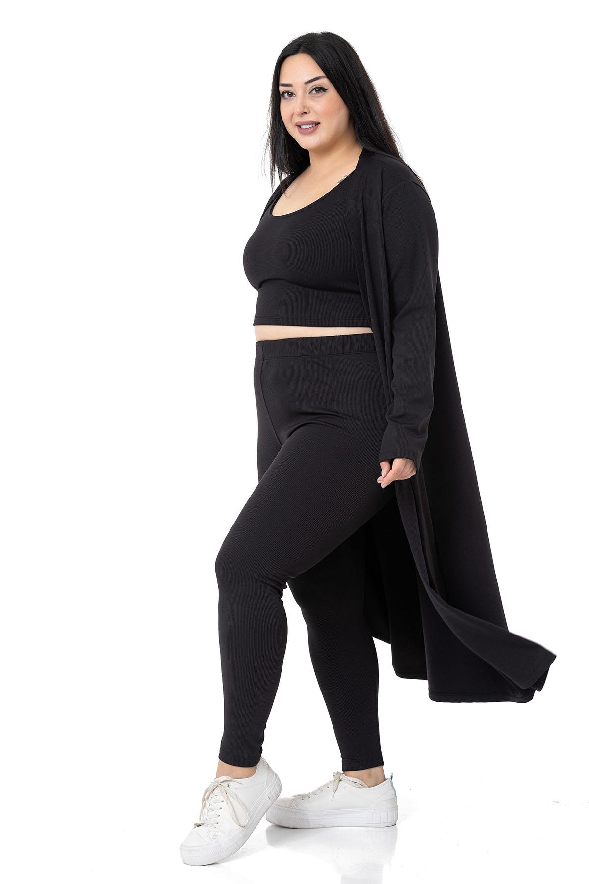 TakımDISENTIS,BIG SIZE,ÜÇLÜ TAKIM, BÜYÜK BEDEN, GENÇ BÜYÜK BEDEN, BÜYÜK BEDEN MODADISENTIS MODESTBüyük Beden Fitilli Crop Body Tayt Hırka Üçlü Siyah Takım