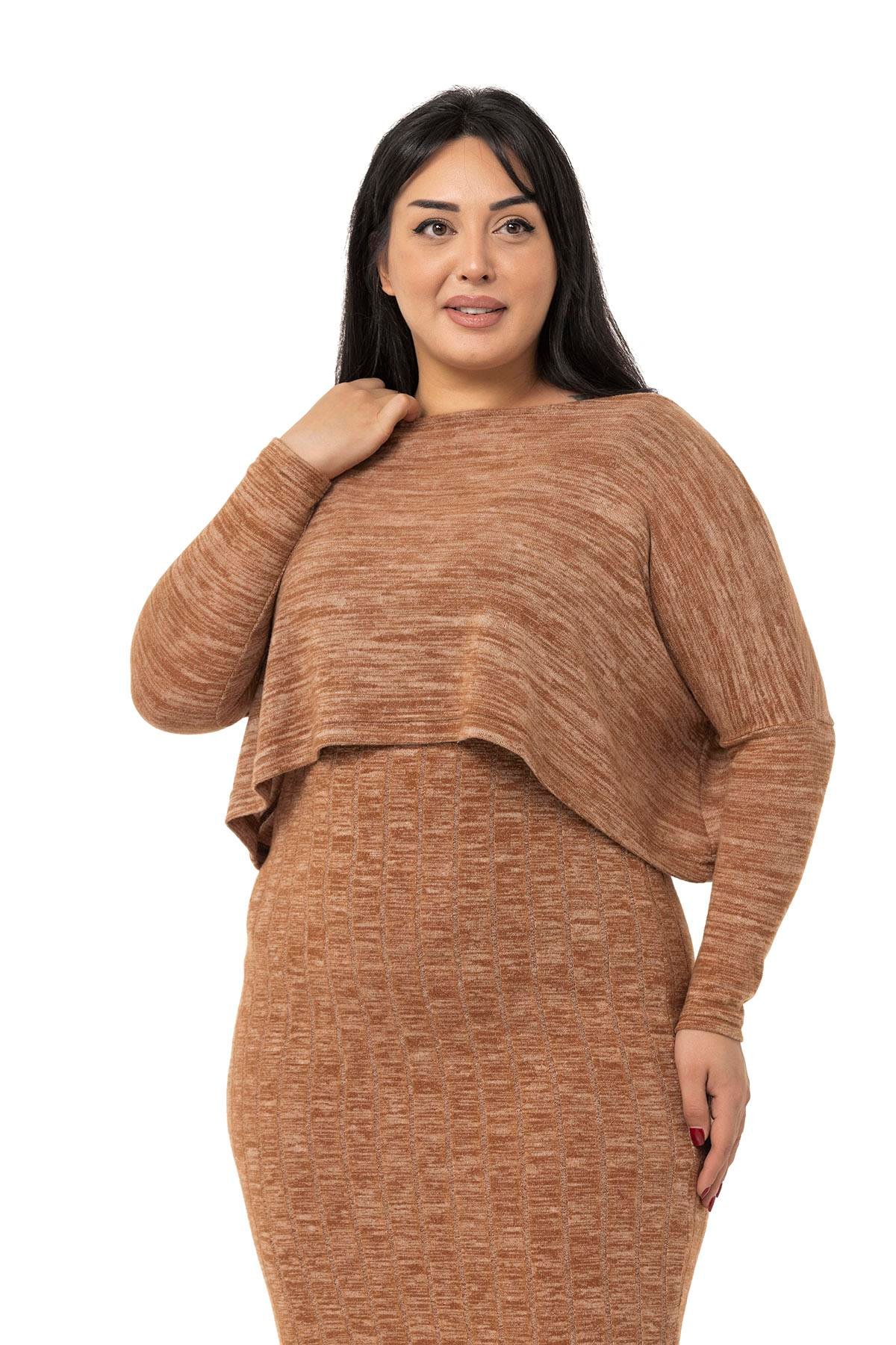 SetsDISENTIS, DISENTIS MODEST, ELBISE, TRIKO ELBISE, CROP BLUZDISENTIS MODESTBüyük Beden Triko Elbise Bluz Kahverengi İkili Takım 