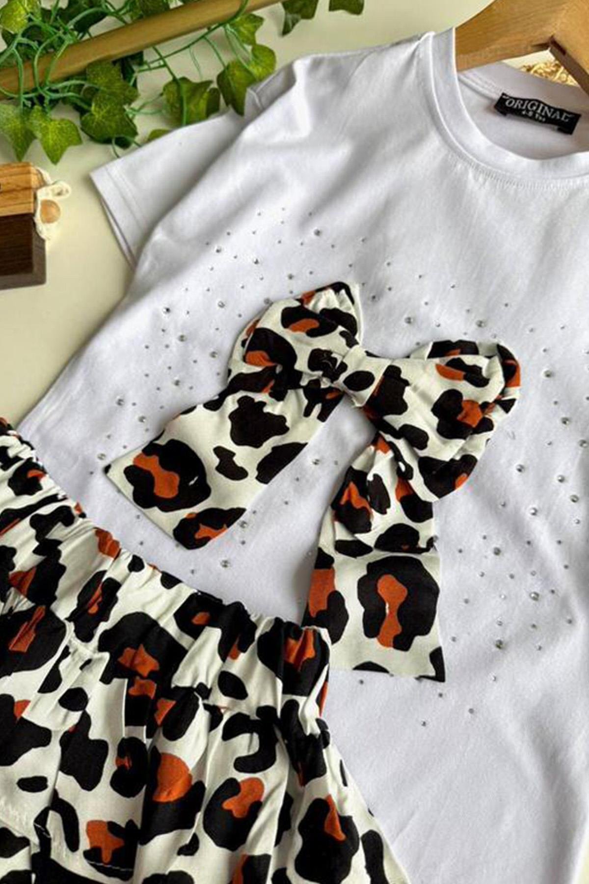 Leopar Fırfırlı Etek Takım Taba