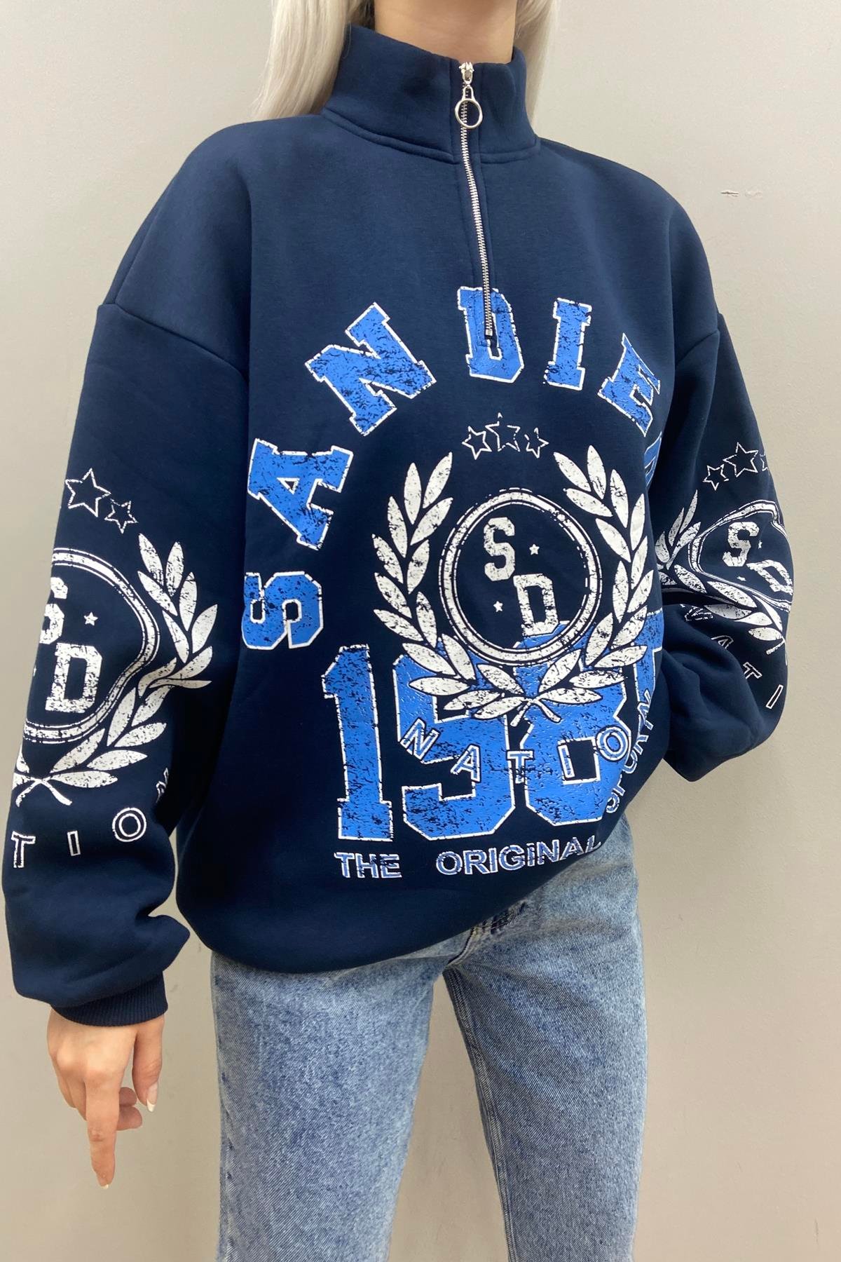 BASKILI FERMUAR DETAYLI SWEATSHIRT