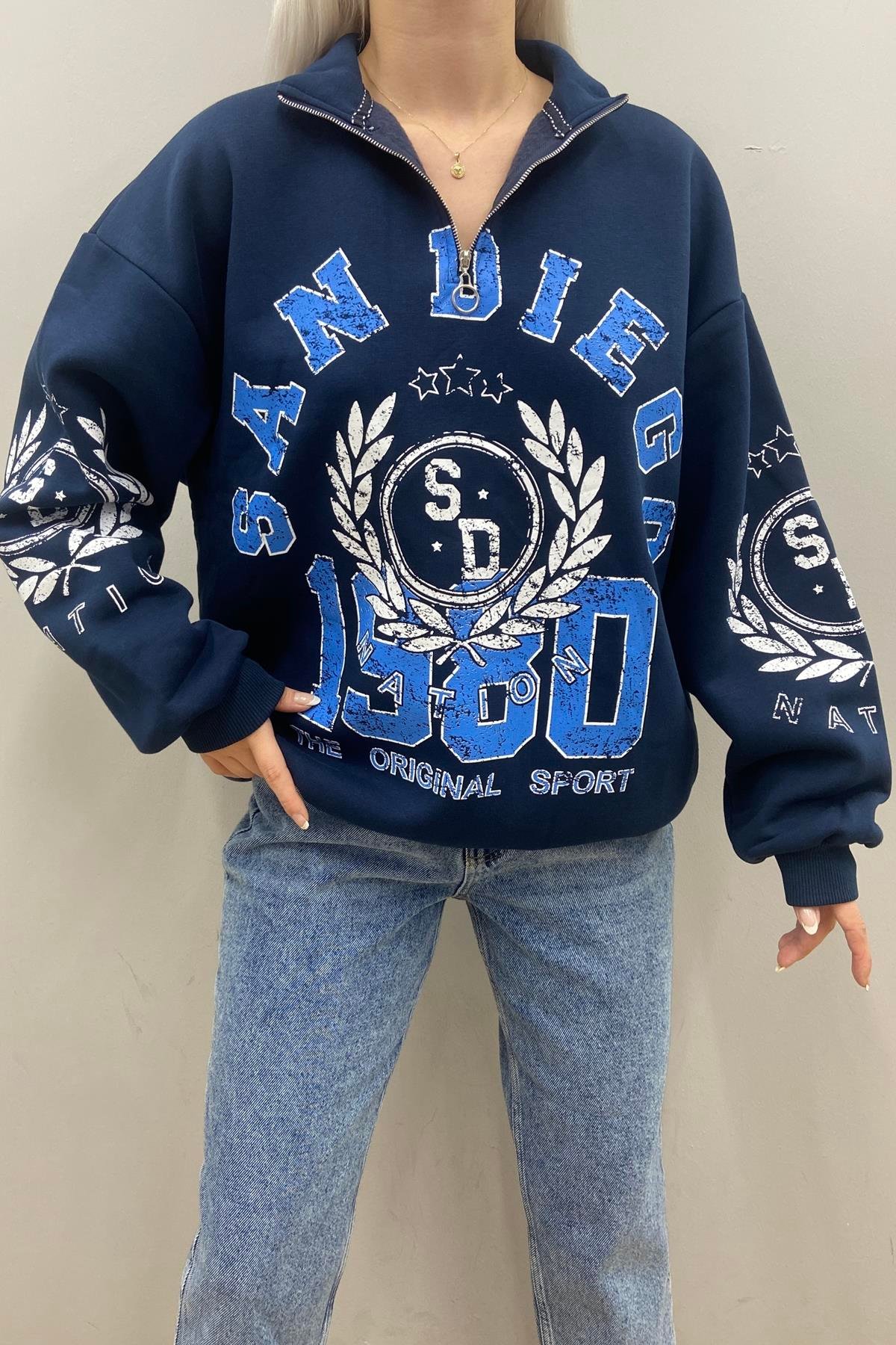 BASKILI FERMUAR DETAYLI SWEATSHIRT