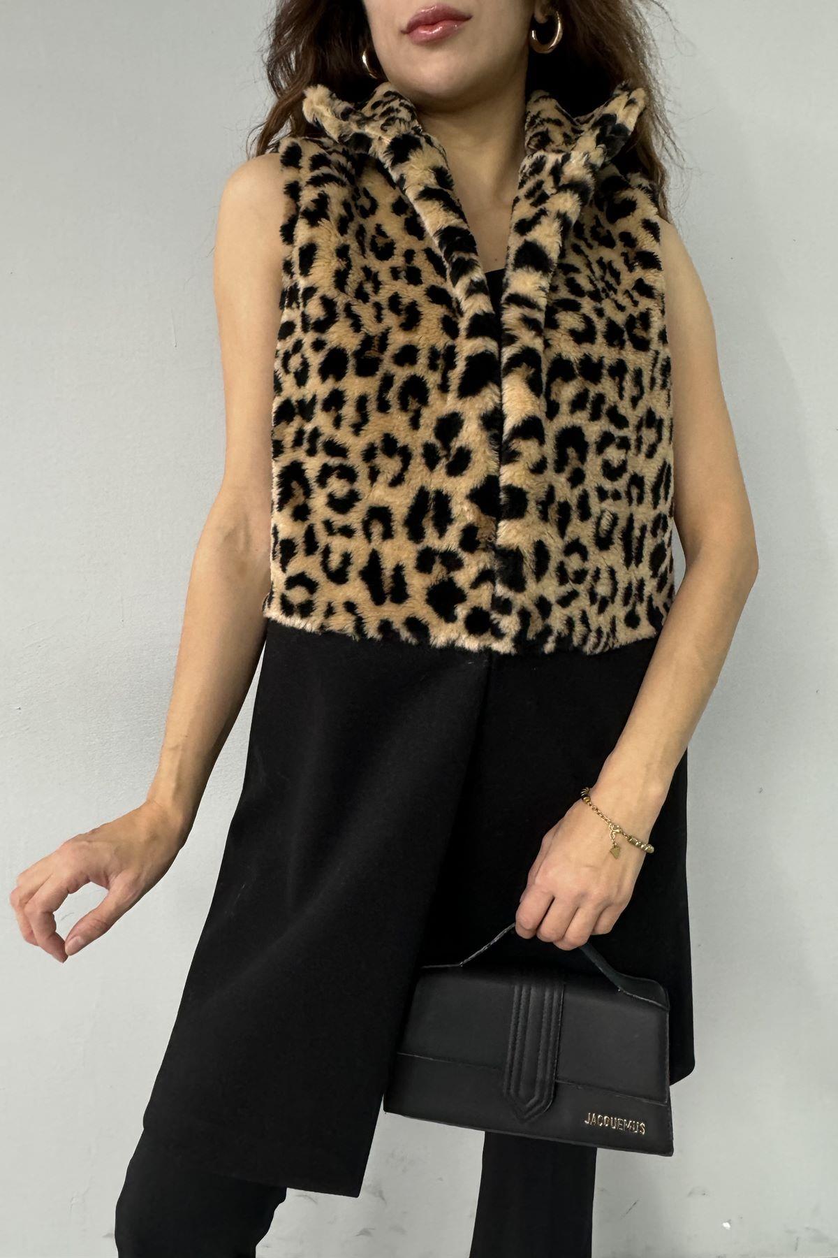 LEOPAR PELUŞ GARNİLİ KAŞE YELEK
