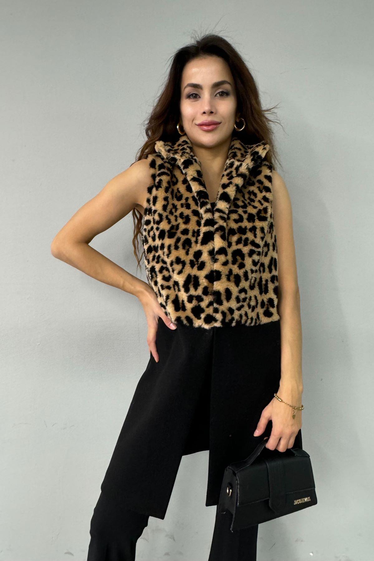 LEOPAR PELUŞ GARNİLİ KAŞE YELEK