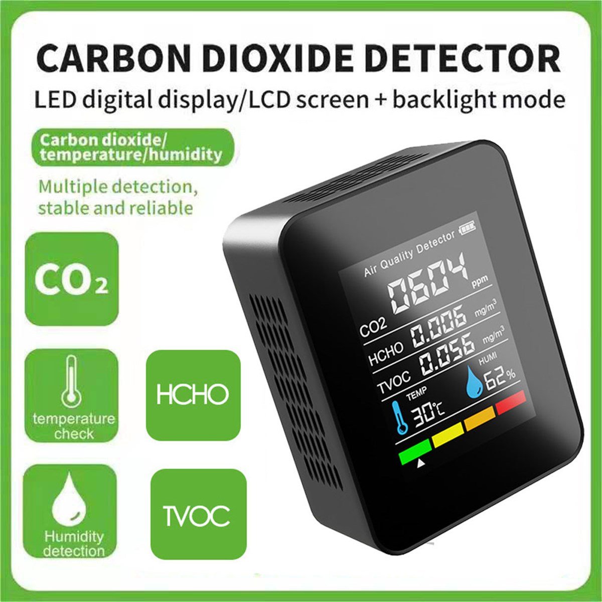 5 in 1 CO2 Dijital Termometre Nem Test Cihazı Karbon Dioksit Tvoc Hcho Hava Kalitesi Monitörü