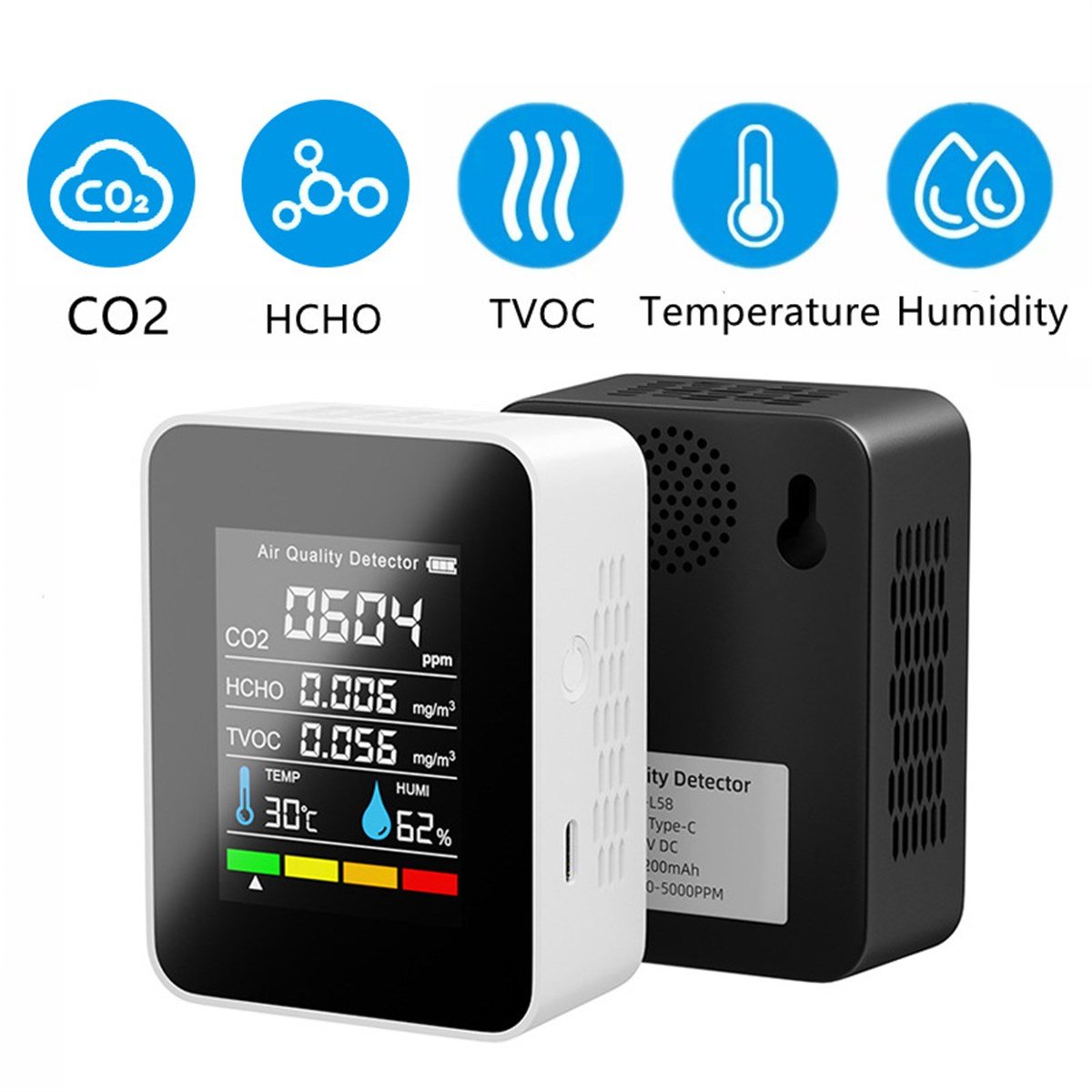 5 in 1 CO2 Dijital Termometre Nem Test Cihazı Karbon Dioksit Tvoc Hcho Hava Kalitesi Monitörü