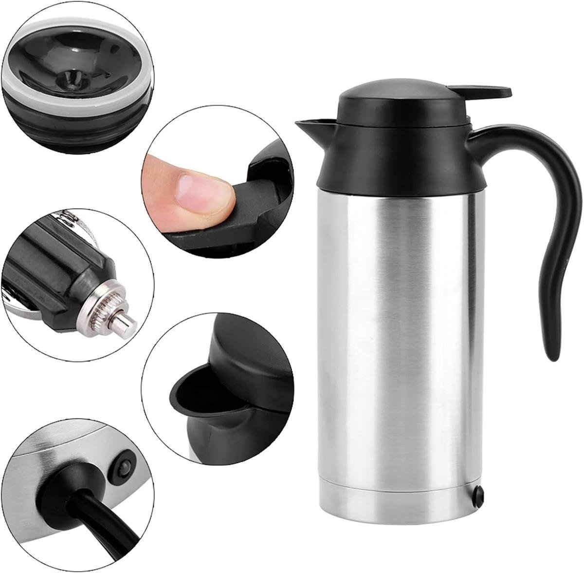750ml Taşınabilir Paslanmaz Araba Elektrikli Su Isıtıcısı Gümüş 12V/120W