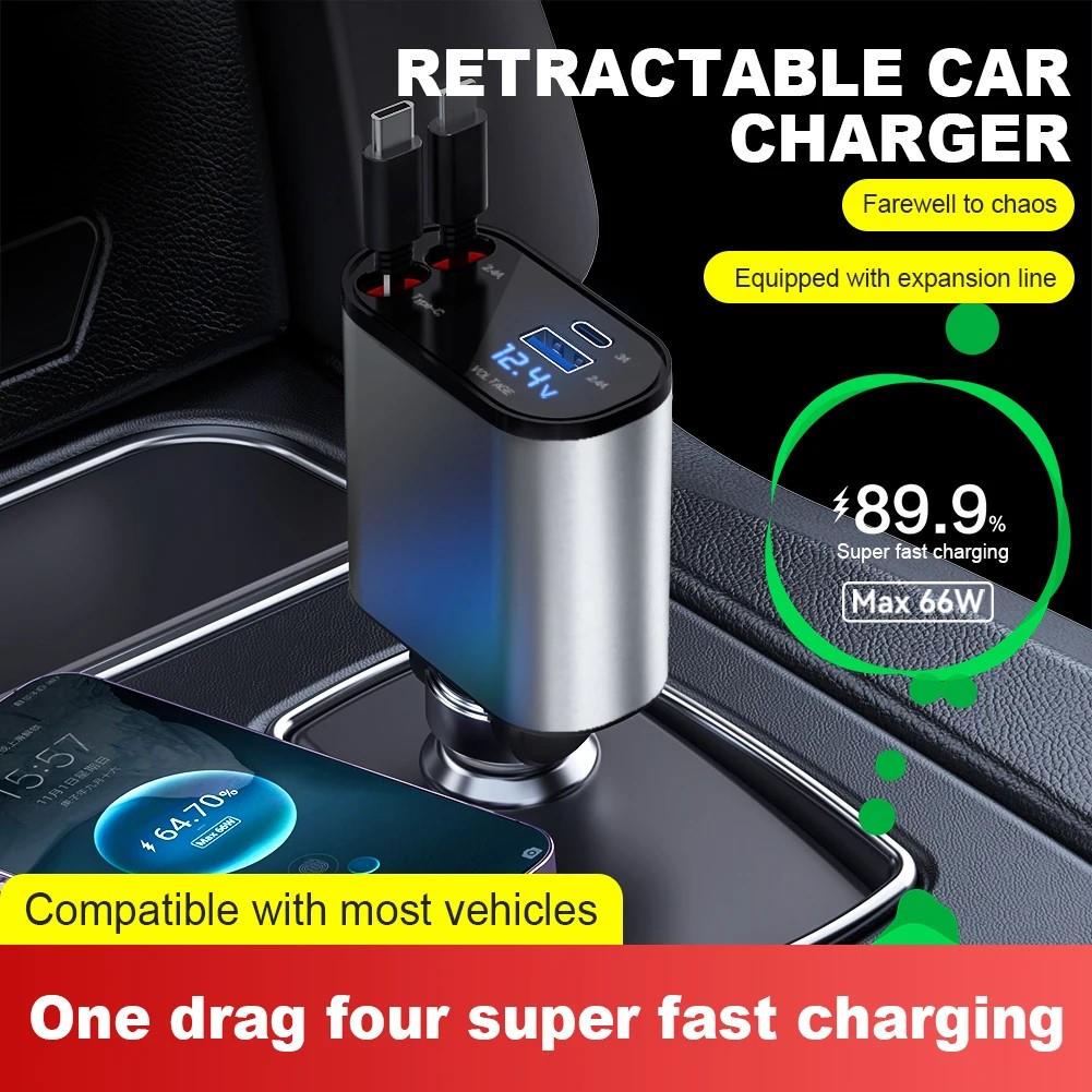 100W 4'ü 1 Arada Araç Çakmak Uyumlu USB-C Lightning Esnek Kablolu USB USB-C Girişli Şarj Cihazı