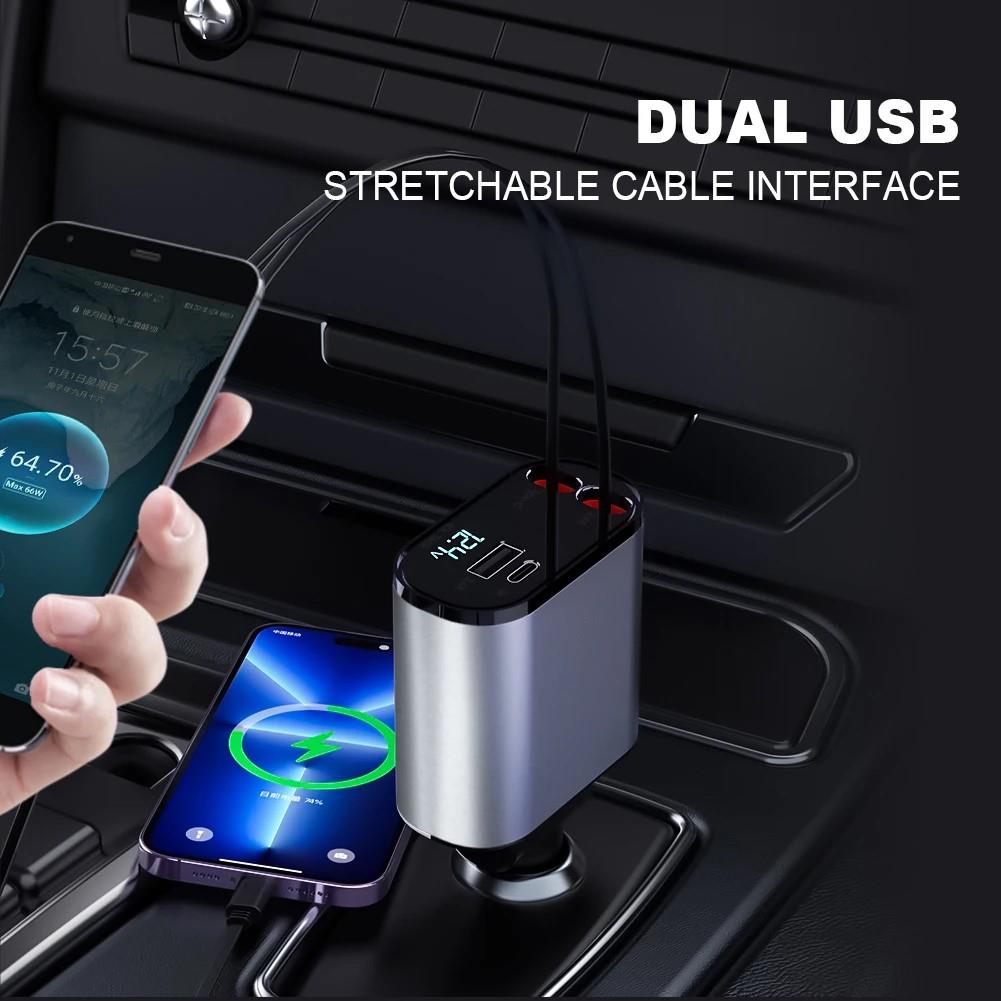 100W 4'ü 1 Arada Araç Çakmak Uyumlu USB-C Lightning Esnek Kablolu USB USB-C Girişli Şarj Cihazı