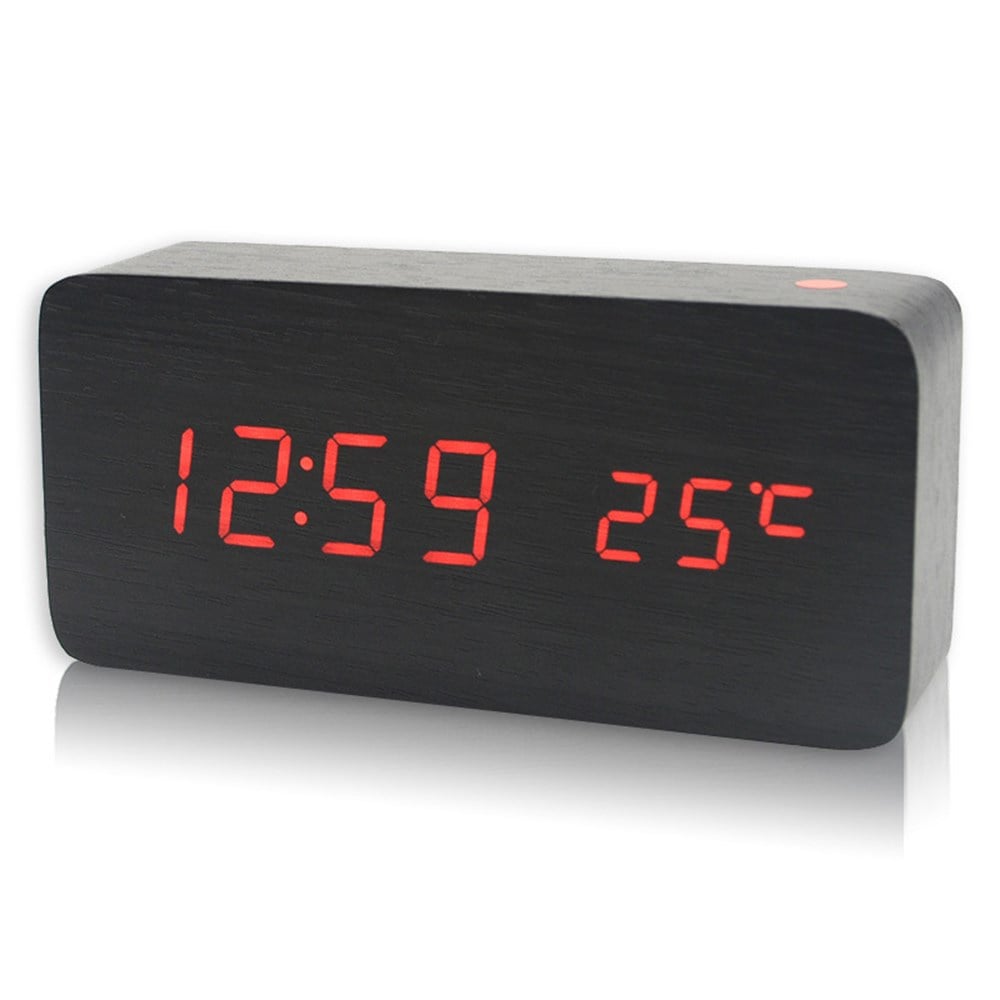 Ahşap LED Alarm Takvim Termometre Ses Kontrollü Dijital Saat