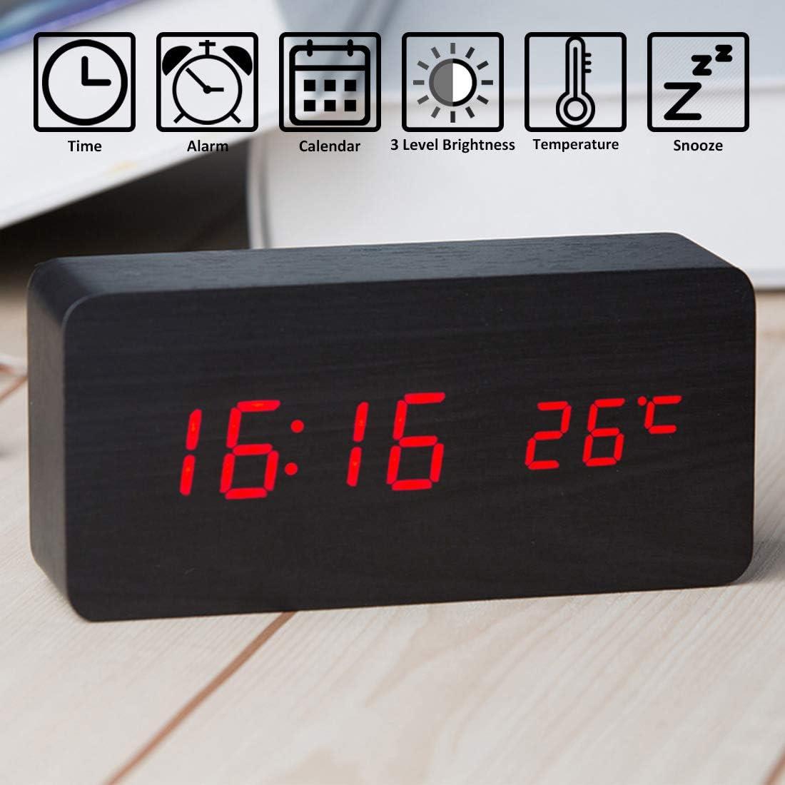 Ahşap LED Alarm Takvim Termometre Ses Kontrollü Dijital Saat