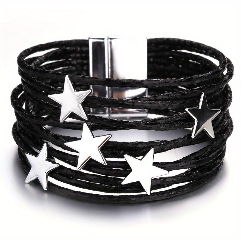 Erkekler Kadınlar İçin Bohemian Metal Yıldız Charm Pu Deri Bileklik