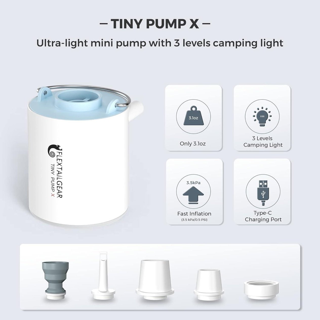 FLEXTAILGEAR Taşınabilir Ultra Mini Hava Pompası ve Şarj Edilebilir Kamp Işığı