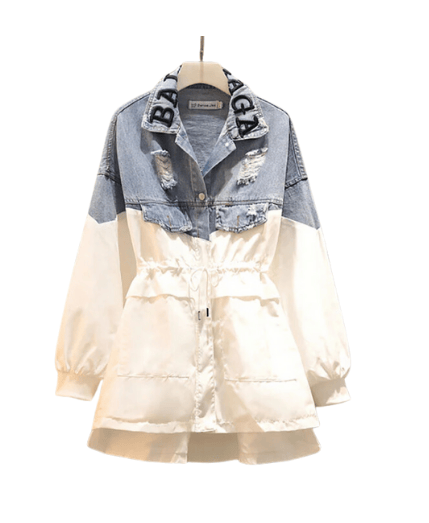 Patchwork Denim Kadın Rüzgarlık Yaka Fener Kol Hit Renk Bağcıklı Mont